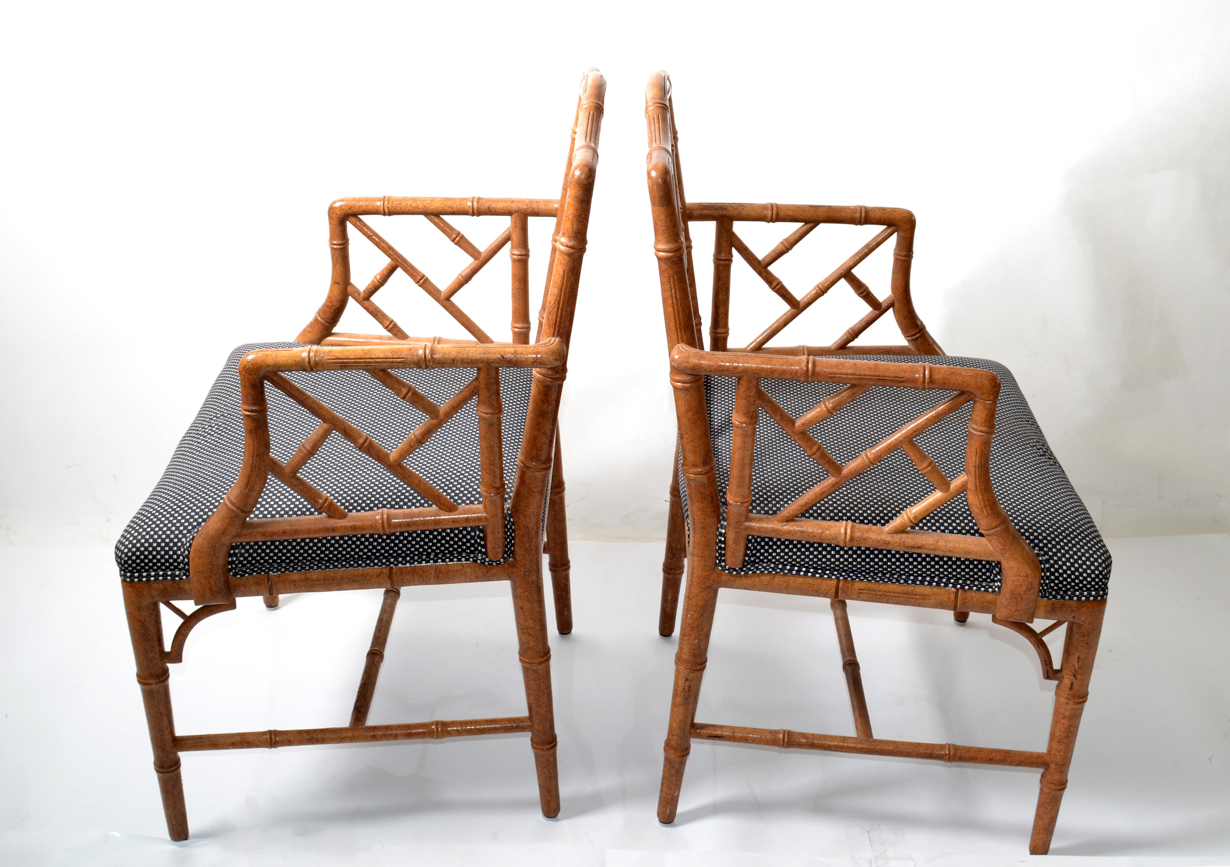 American Pair, Faux Bamboo Chinese Chippendale Armchairs Fabric Upholstery McGuire Style