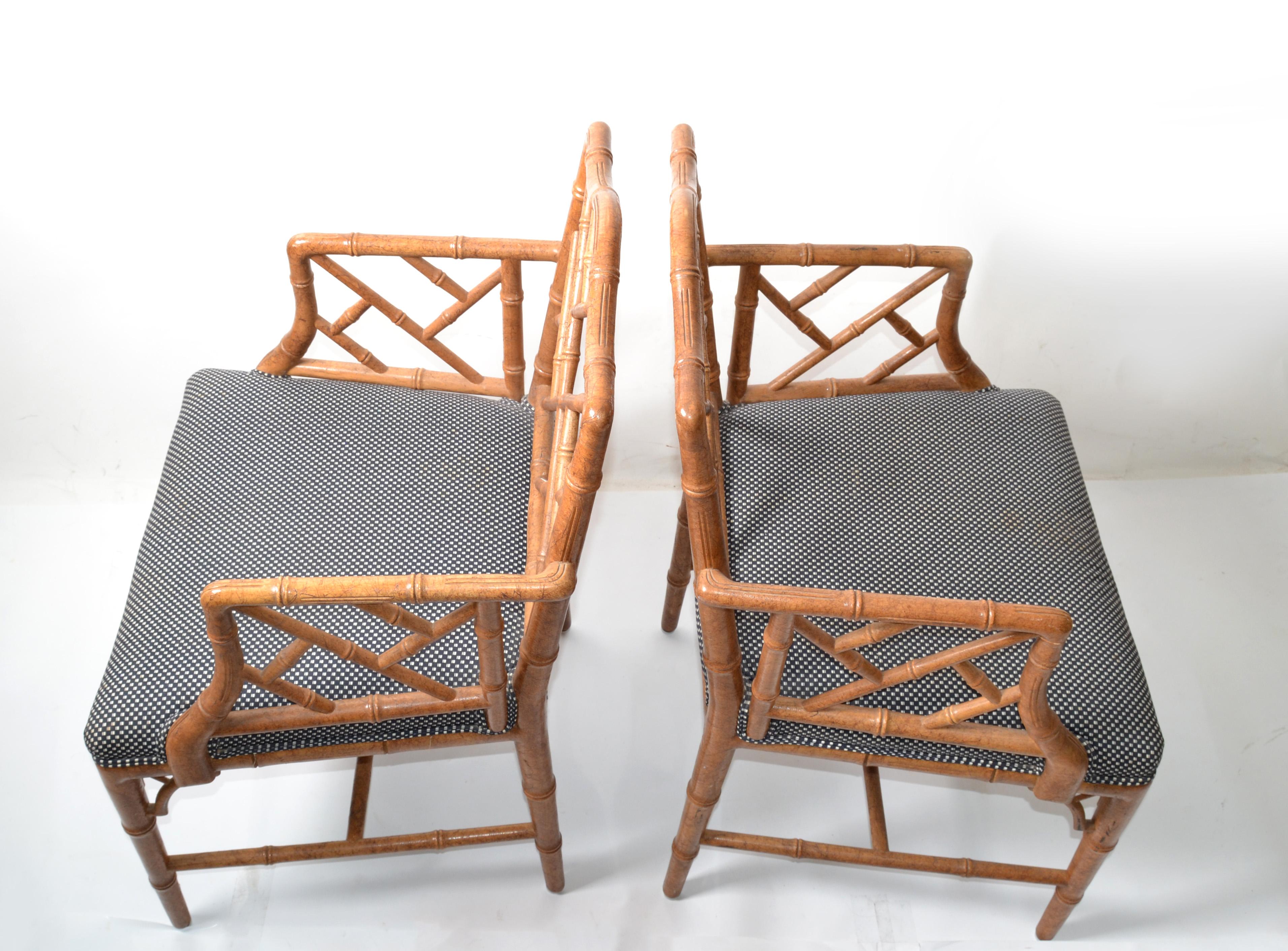 Pair, Faux Bamboo Chinese Chippendale Armchairs Fabric Upholstery McGuire Style In Good Condition In Miami, FL