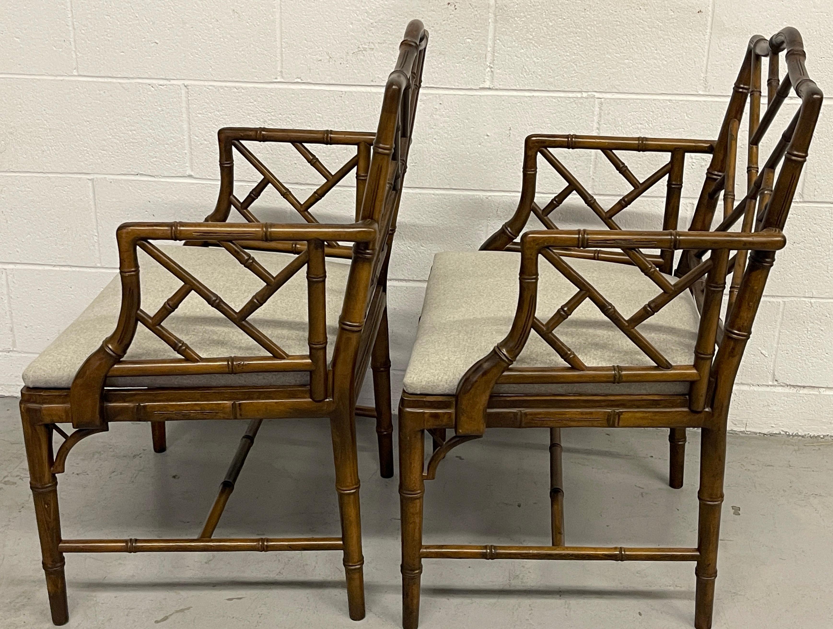 English Pair Faux Bamboo Chinese Chippendale Style Armchairs with Cashmere Blend Seats