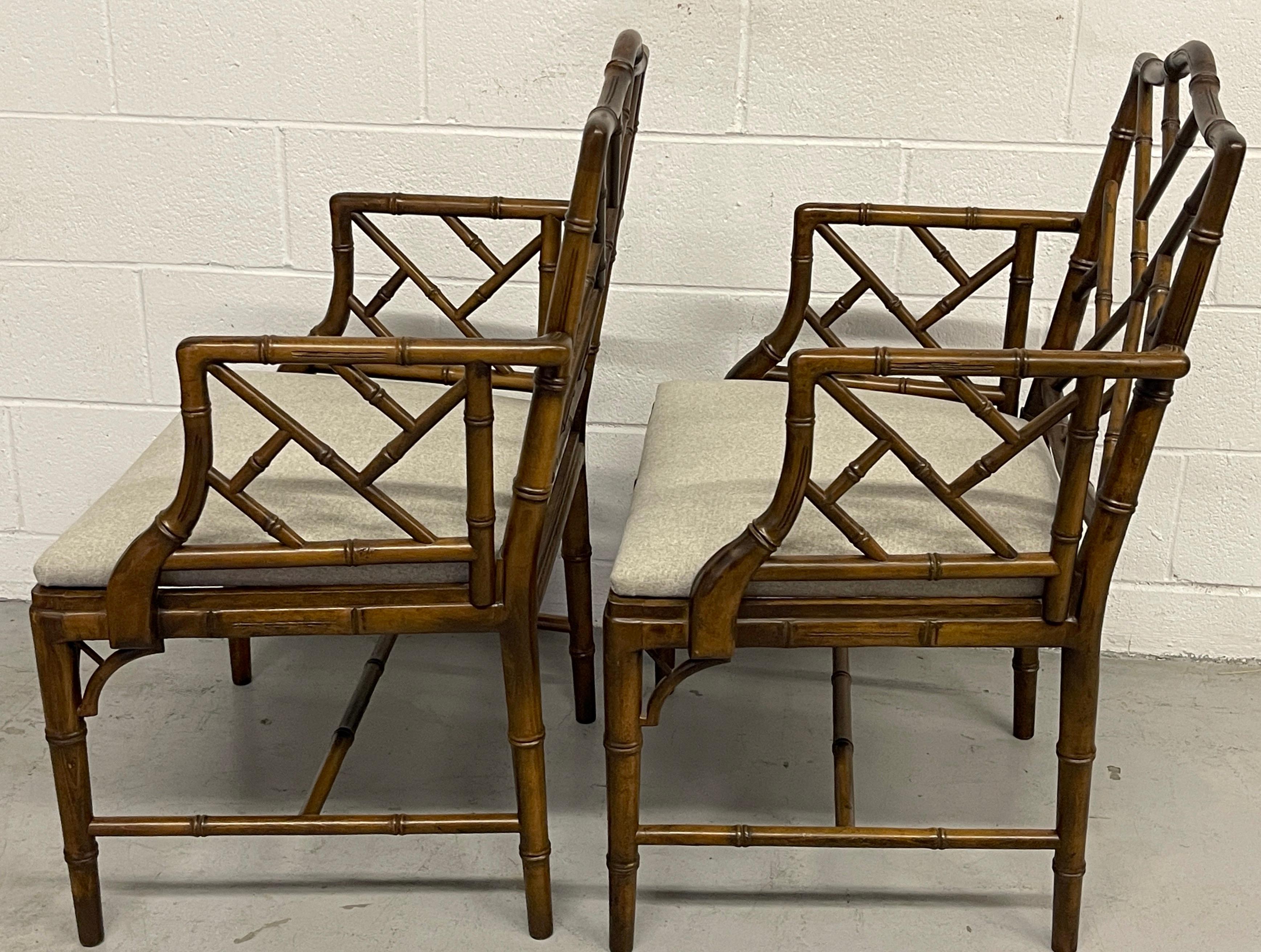 English Pair Faux Bamboo Chinese Chippendale Style Armchairs with Cashmere Blend Seats For Sale