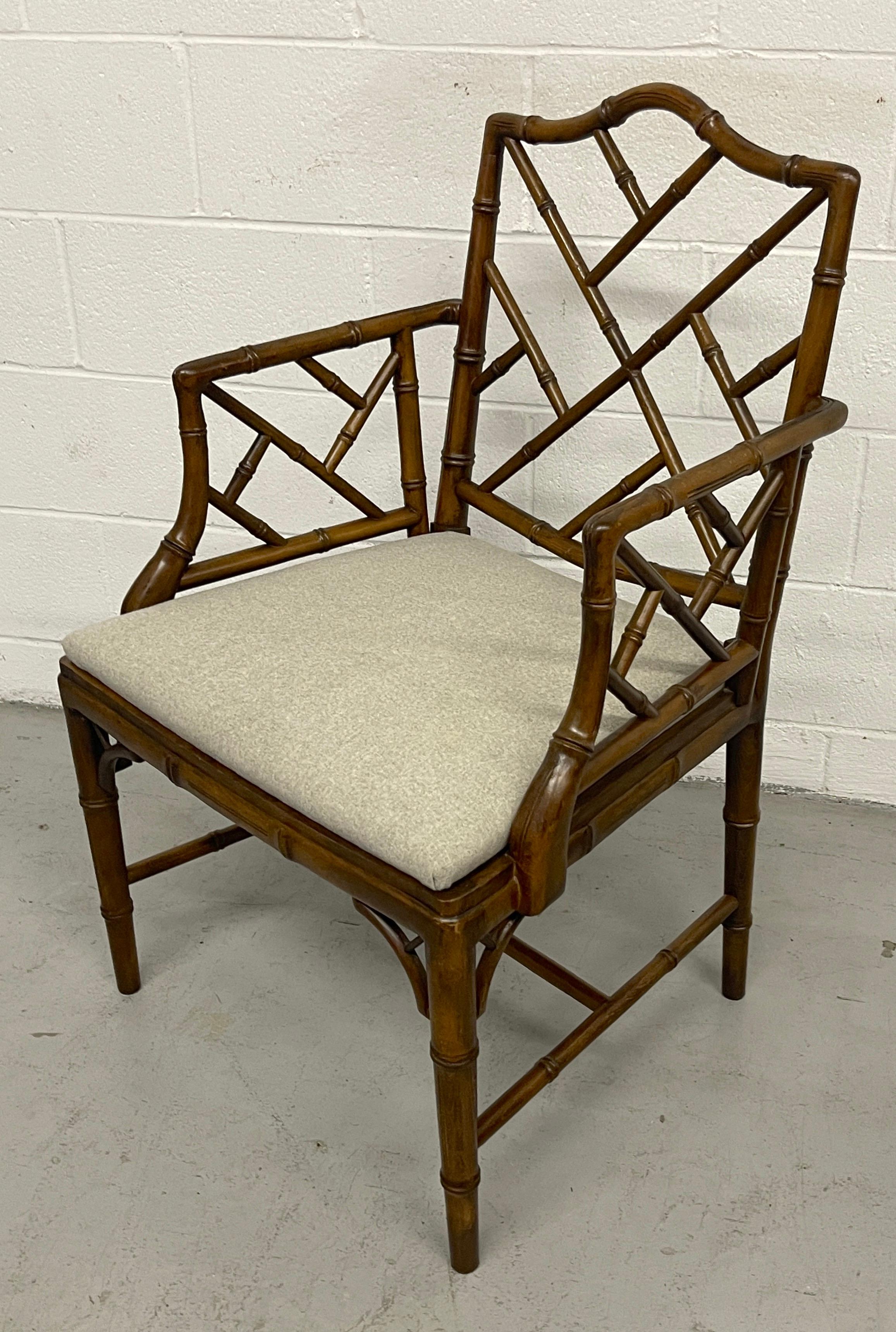 Carved Pair Faux Bamboo Chinese Chippendale Style Armchairs with Cashmere Blend Seats For Sale