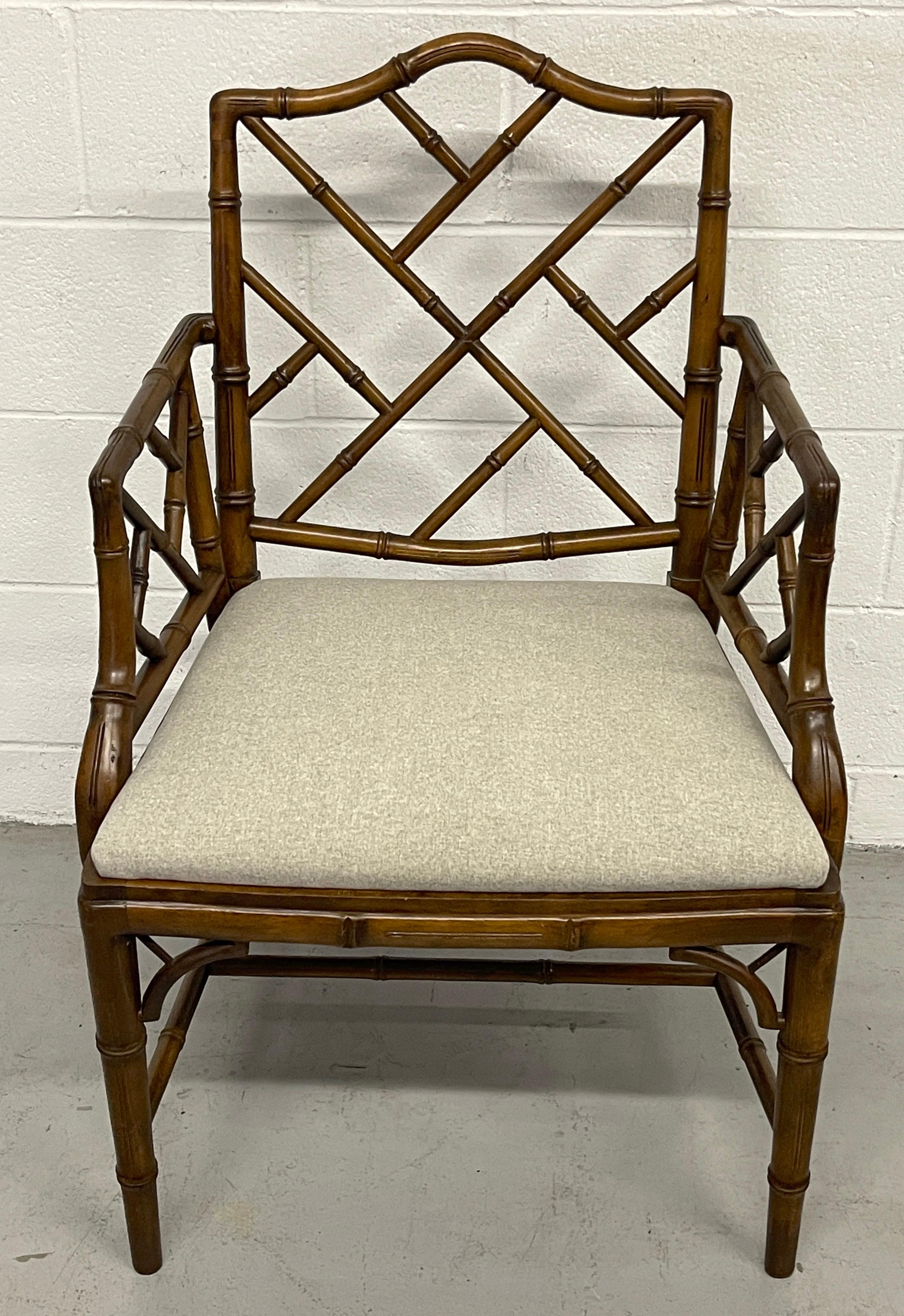 Pair Faux Bamboo Chinese Chippendale Style Armchairs with Cashmere Blend Seats In Good Condition For Sale In West Palm Beach, FL