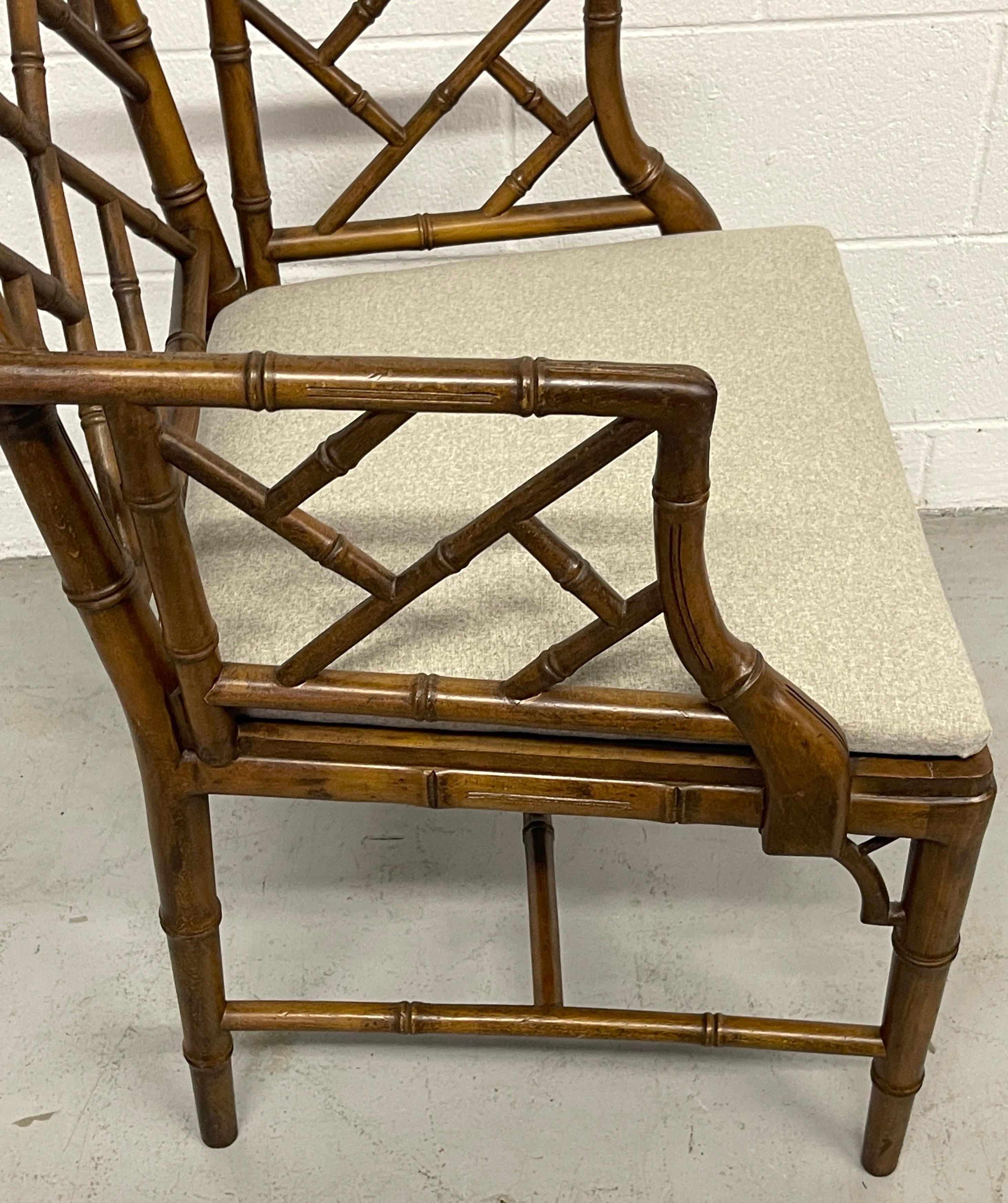 20th Century Pair Faux Bamboo Chinese Chippendale Style Armchairs with Cashmere Blend Seats For Sale