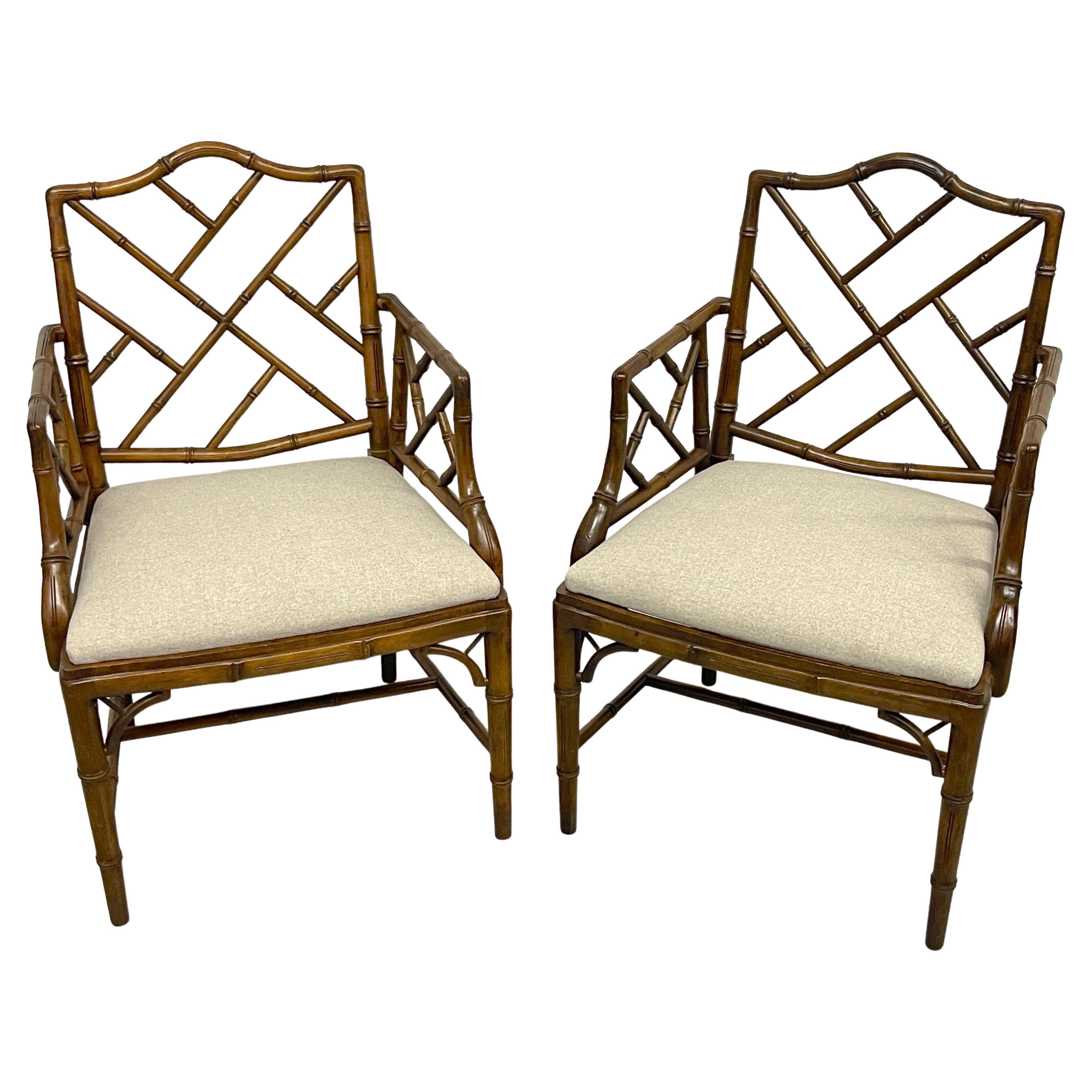 Pair Faux Bamboo Chinese Chippendale Style Armchairs with Cashmere Blend Seats For Sale