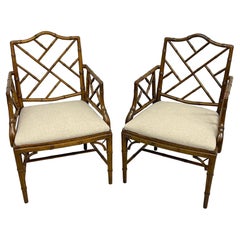 Pair Faux Bamboo Chinese Chippendale Style Armchairs with Cashmere Blend Seats