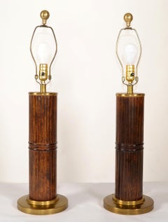 Pair, Faux Bamboo Fluted & Brass Russel Wright Style Table Lamps Bohemian Chic