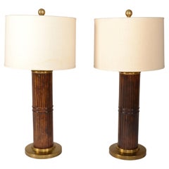 Pair, Faux Bamboo Fluted & Brass Russel Wright Style Table Lamps Bohemian Chic