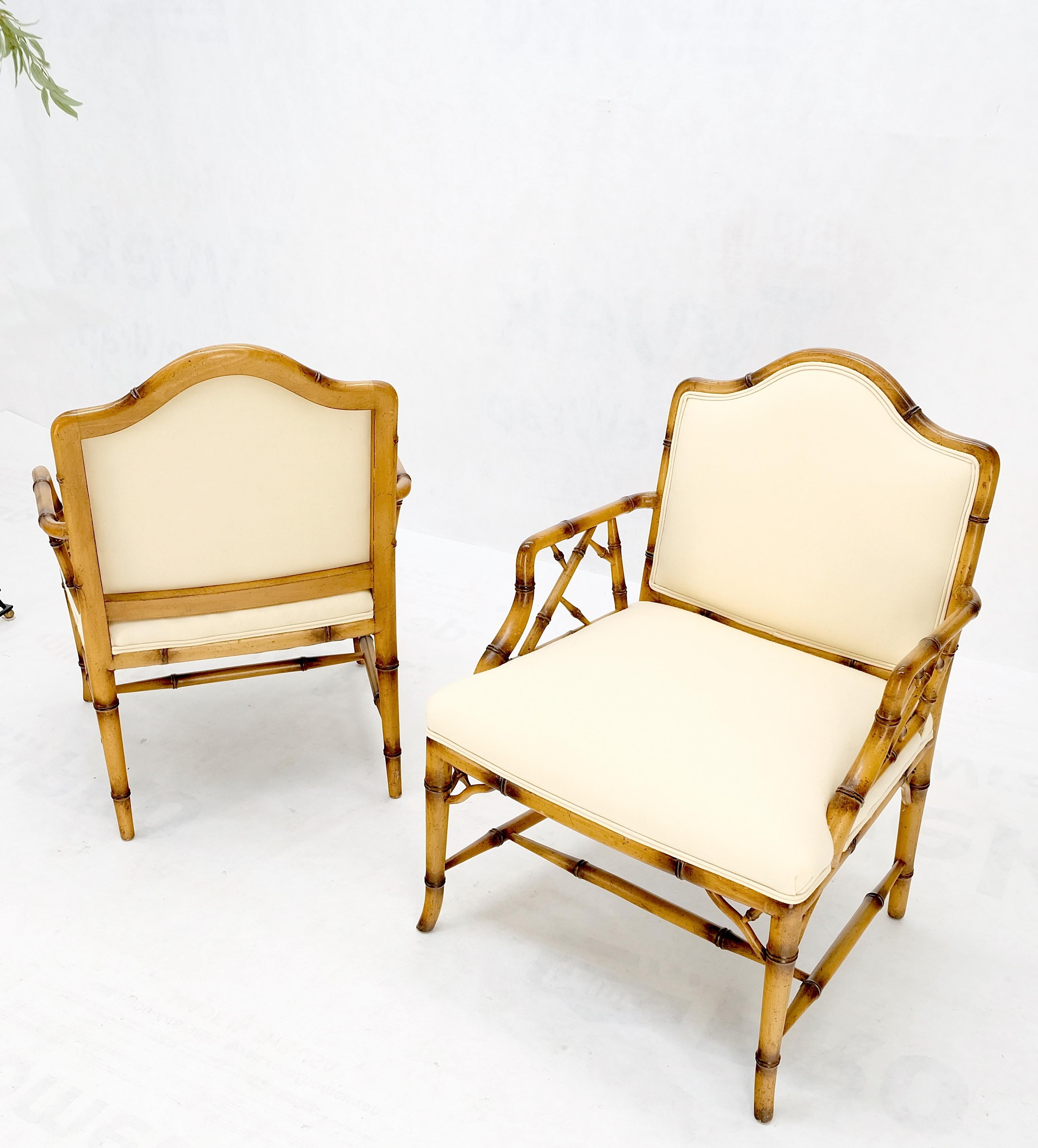 Pair Faux Bamboo New Virgin Wool Upholstery Lounge Arm Fire Side Chairs MINT! For Sale 5
