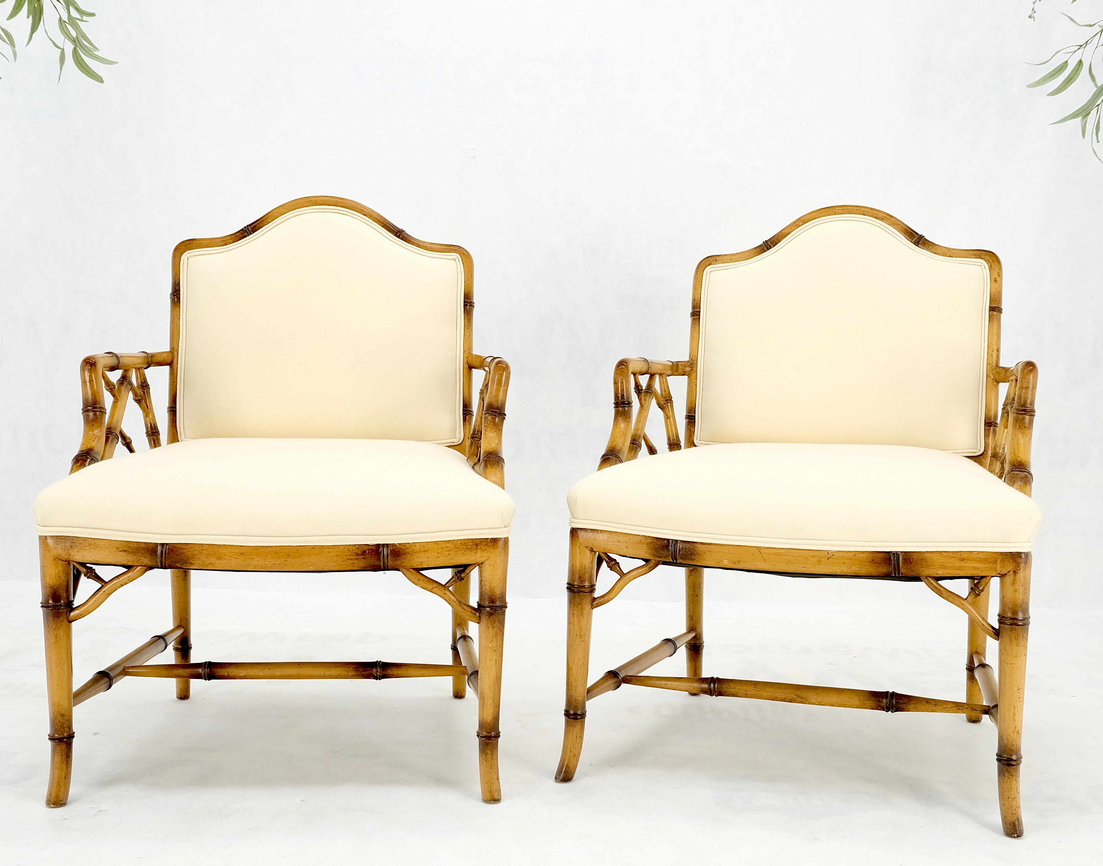 Pair Faux Bamboo New Virgin Wool Upholstery Lounge Arm Fire Side Chairs MINT! For Sale 7