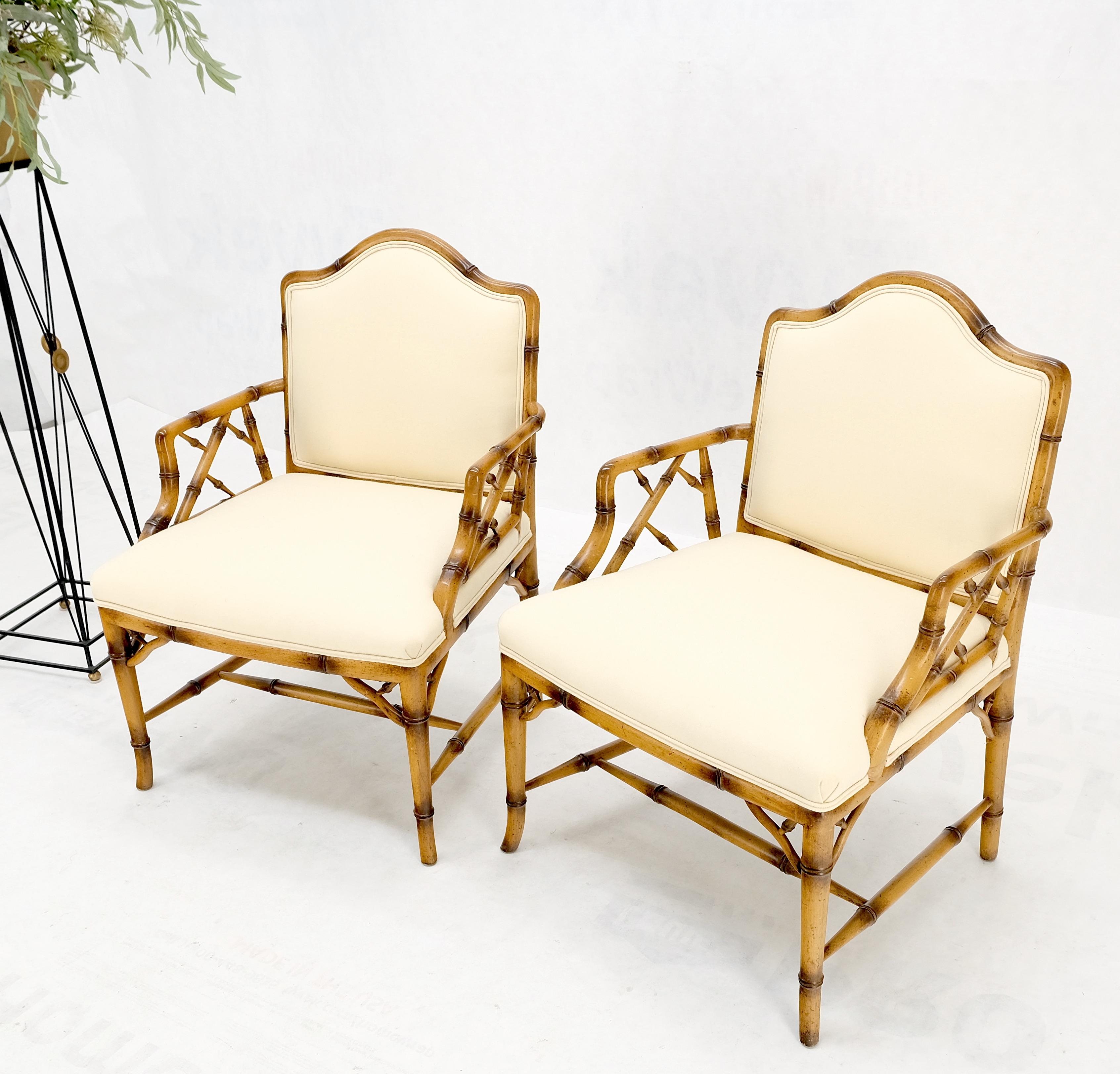 Pair Faux Bamboo New Virgin Wool Upholstery Lounge Arm Fire Side Chairs MINT! For Sale 9