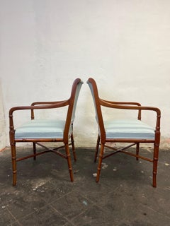 Pair Faux Bamboo Tapered Horn Shape Legs Arm Fireside Chairs Solid Walnut Frames