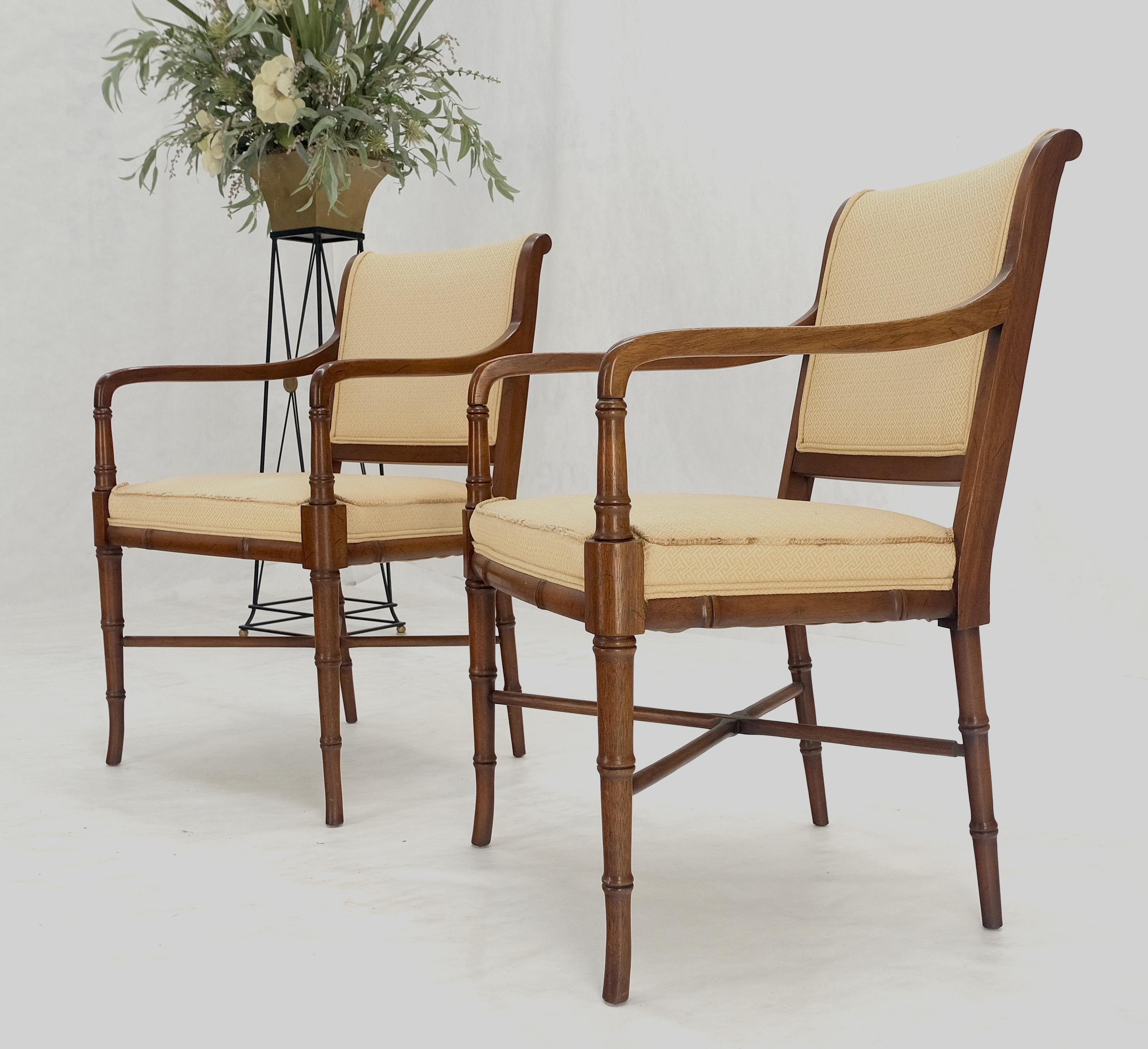 Hollywood Regency Pair Faux Bamboo Tapered Horn Shape Legs Arm Fireside Chairs Solid Walnut Frames