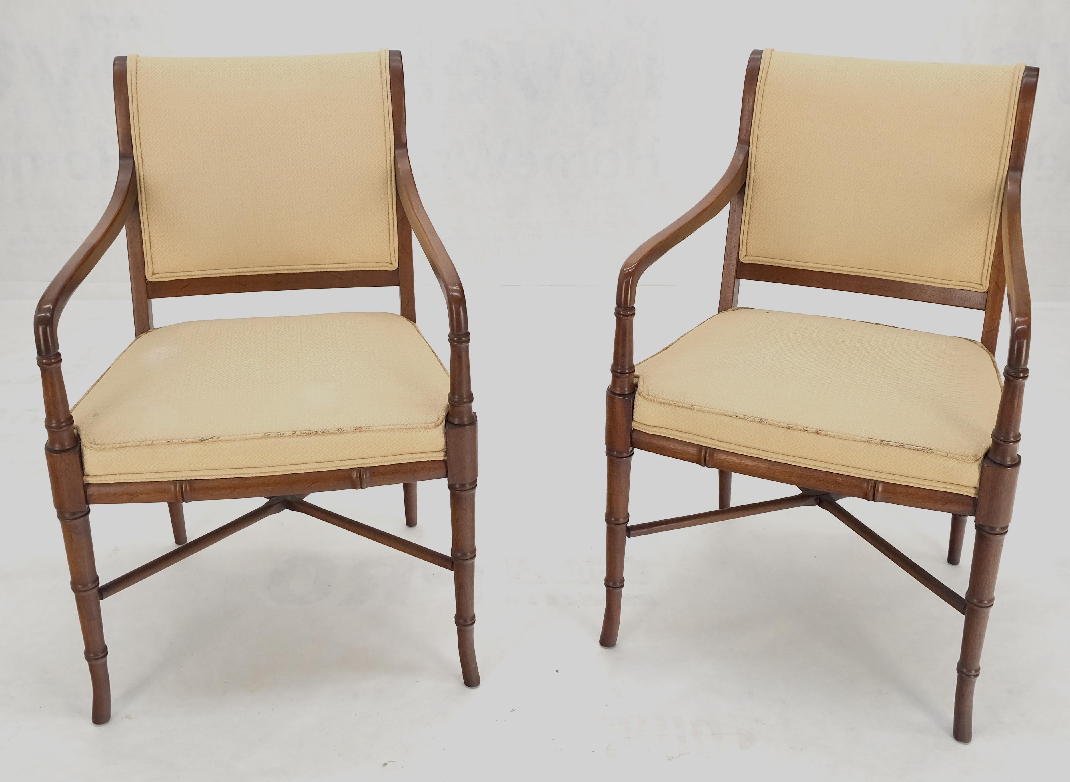 Pair Faux Bamboo Tapered Horn Shape Legs Arm Fireside Chairs Solid Walnut Frames In Fair Condition In Rockaway, NJ