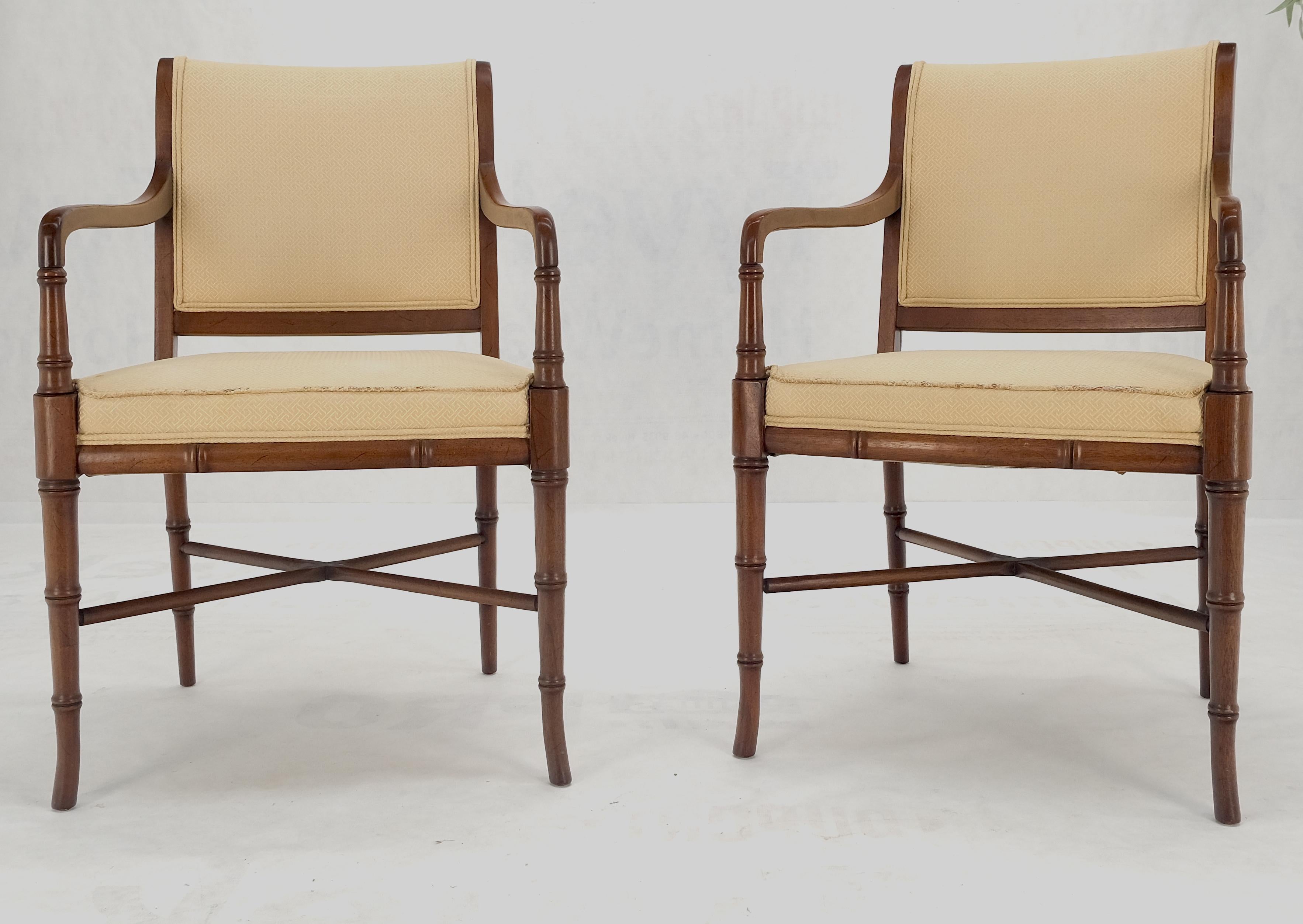 20th Century Pair Faux Bamboo Tapered Horn Shape Legs Arm Fireside Chairs Solid Walnut Frames