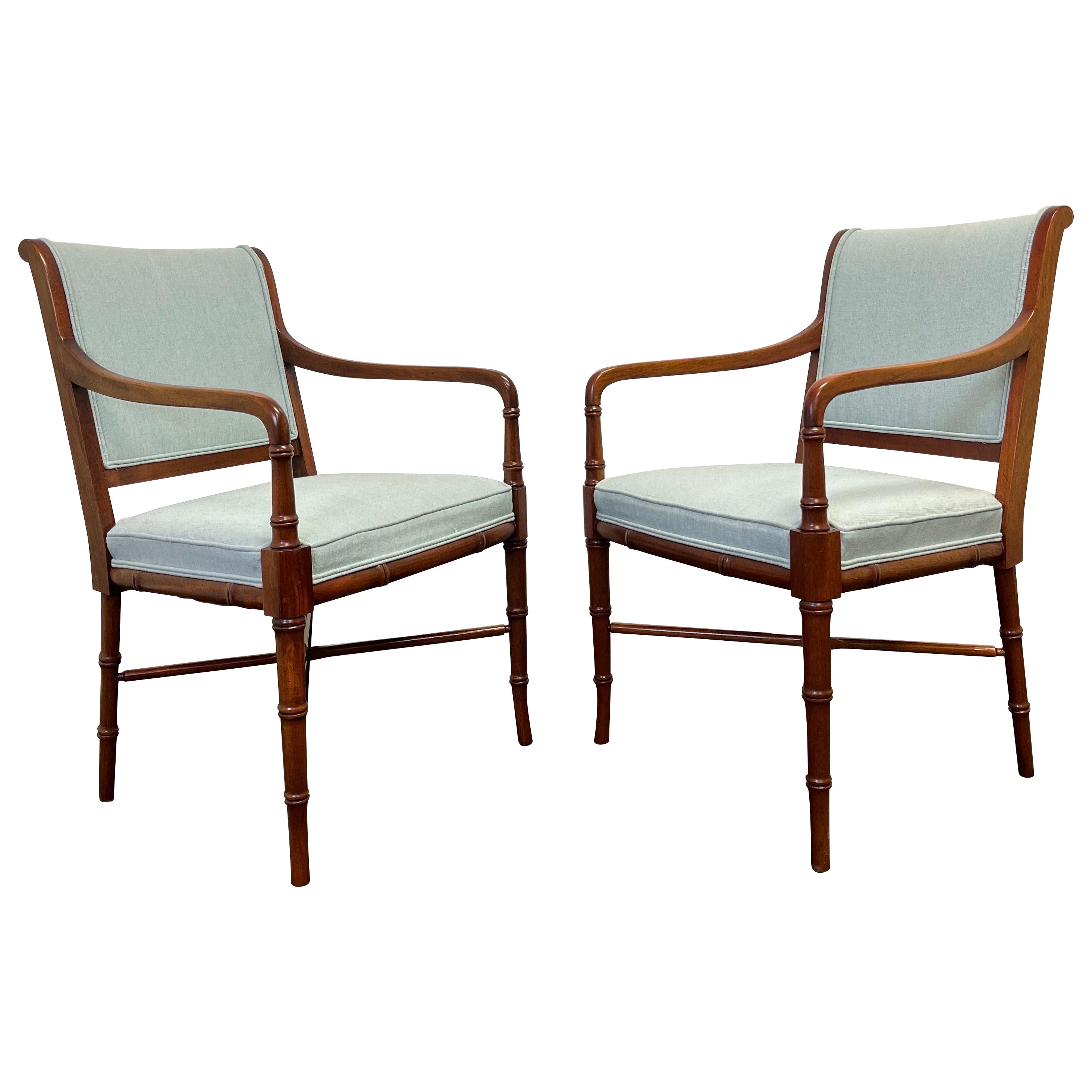 Pair Faux Bamboo Tapered Horn Shape Legs Arm Fireside Chairs Solid Walnut Frames For Sale