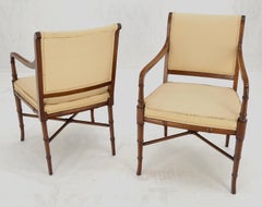 Pair Faux Bamboo Tapered Horn Shape Legs Arm Fireside Chairs Solid Walnut Frames
