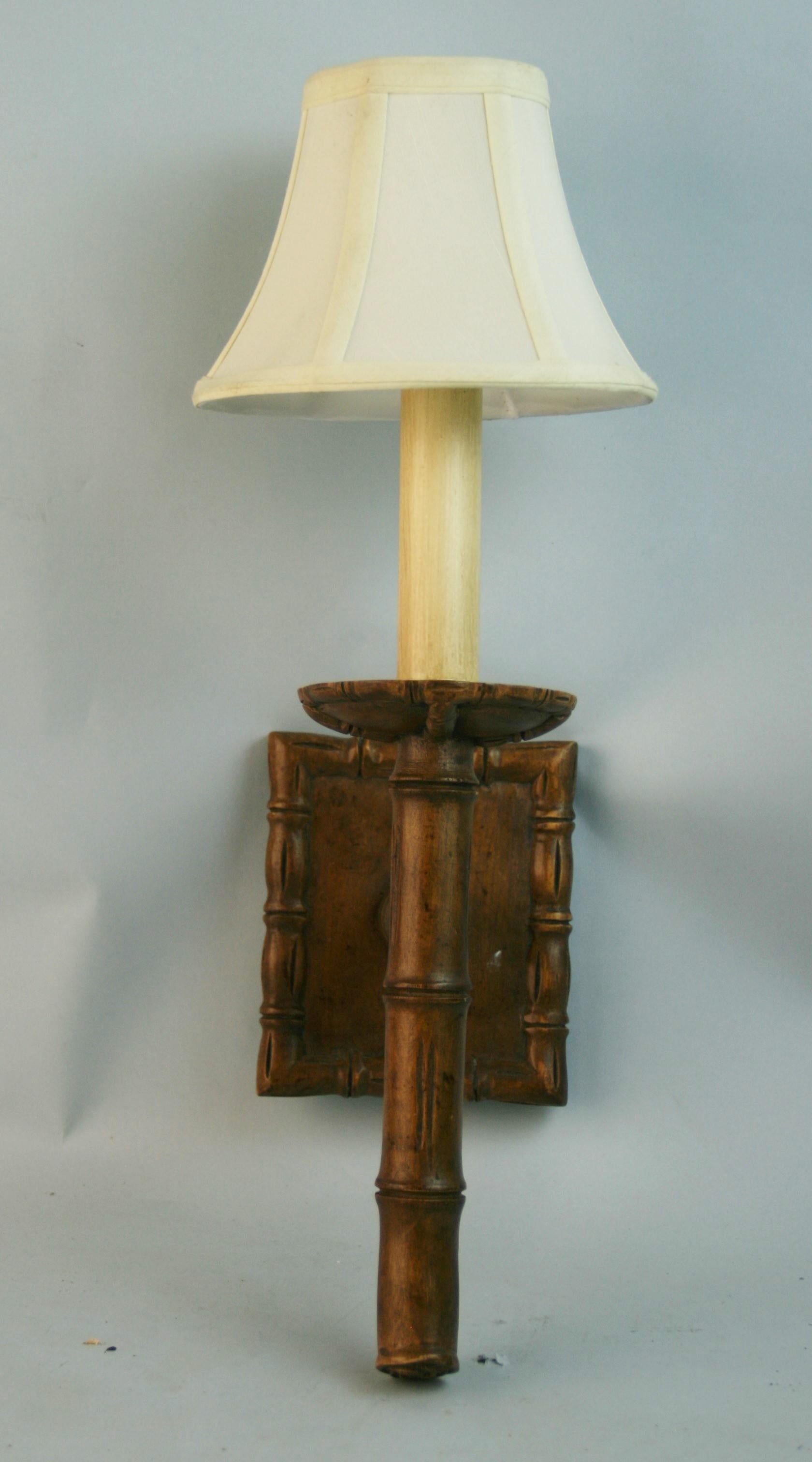 1436 Pair faux bamboo wall sconces with fabric shades