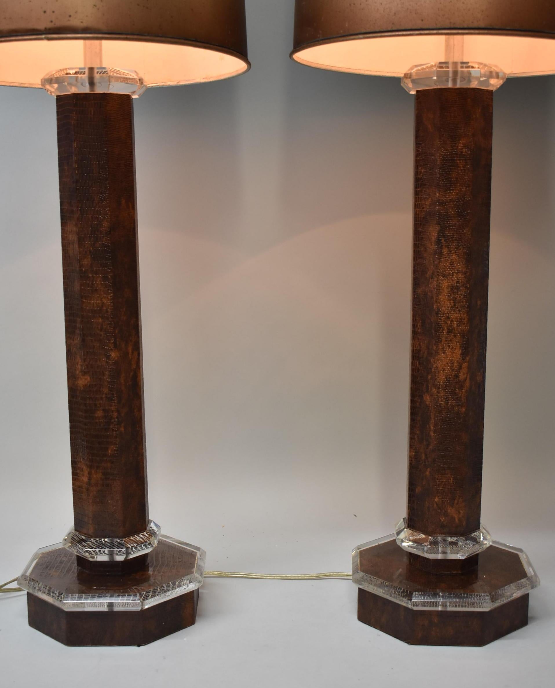 Unknown Faux Leather/Whip Snake Skin & Lucite Table Lamp Attributed Karl Springer, Pair For Sale