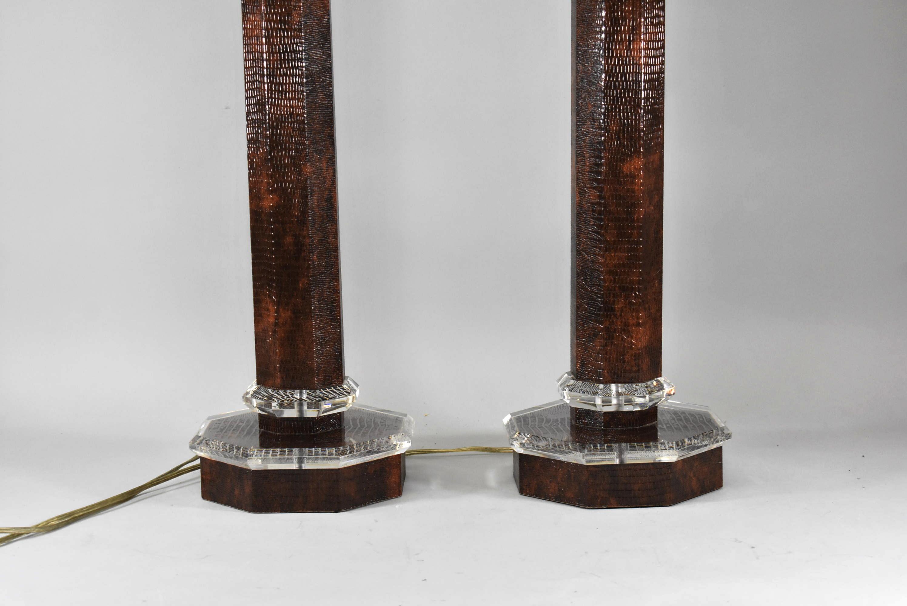 Molded Faux Leather/Whip Snake Skin & Lucite Table Lamp Attributed Karl Springer, Pair For Sale