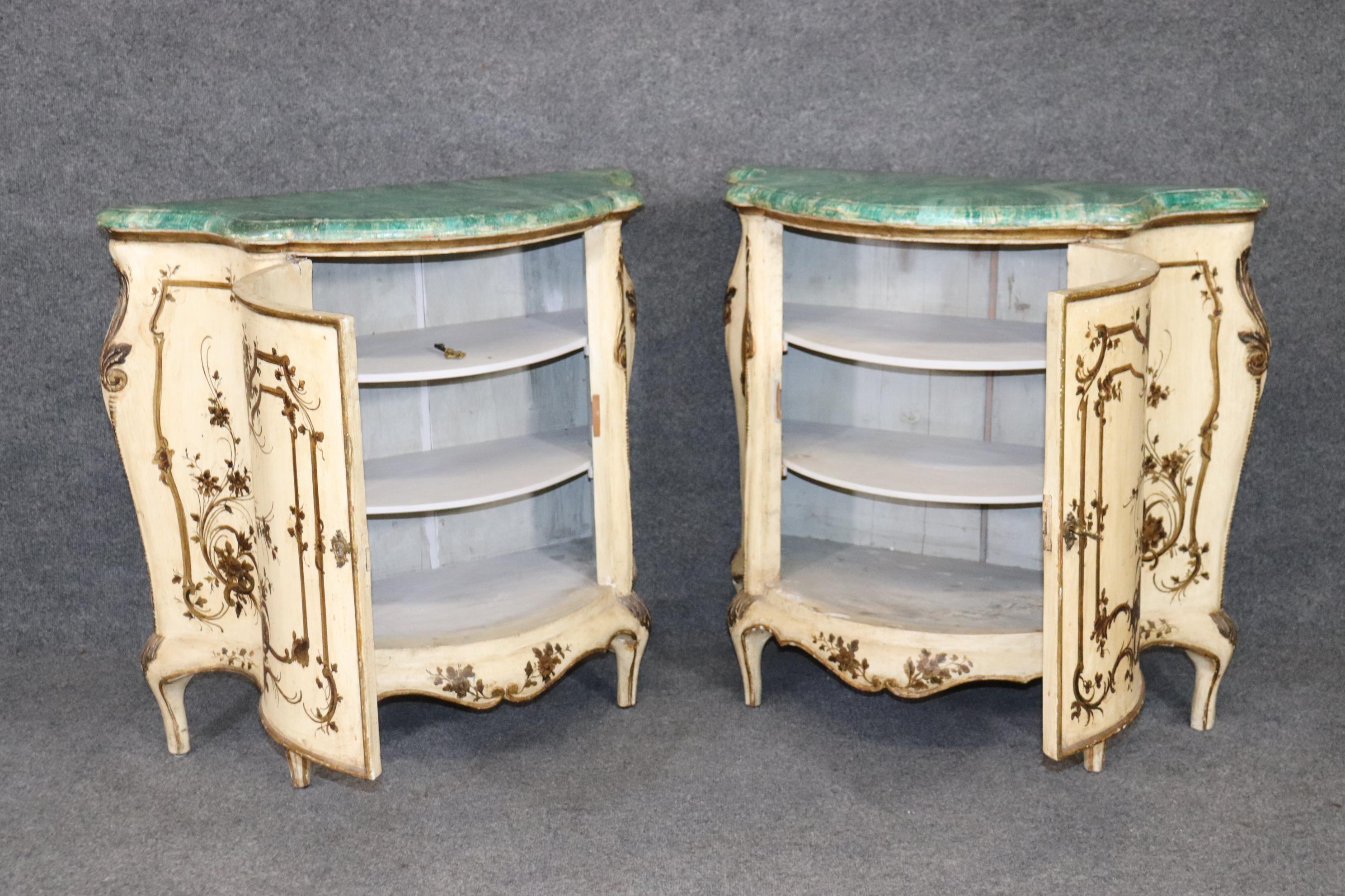 Rococo Revival Pair Faux Malachite Paint Decorated Venetian Nightstands Circa 1920