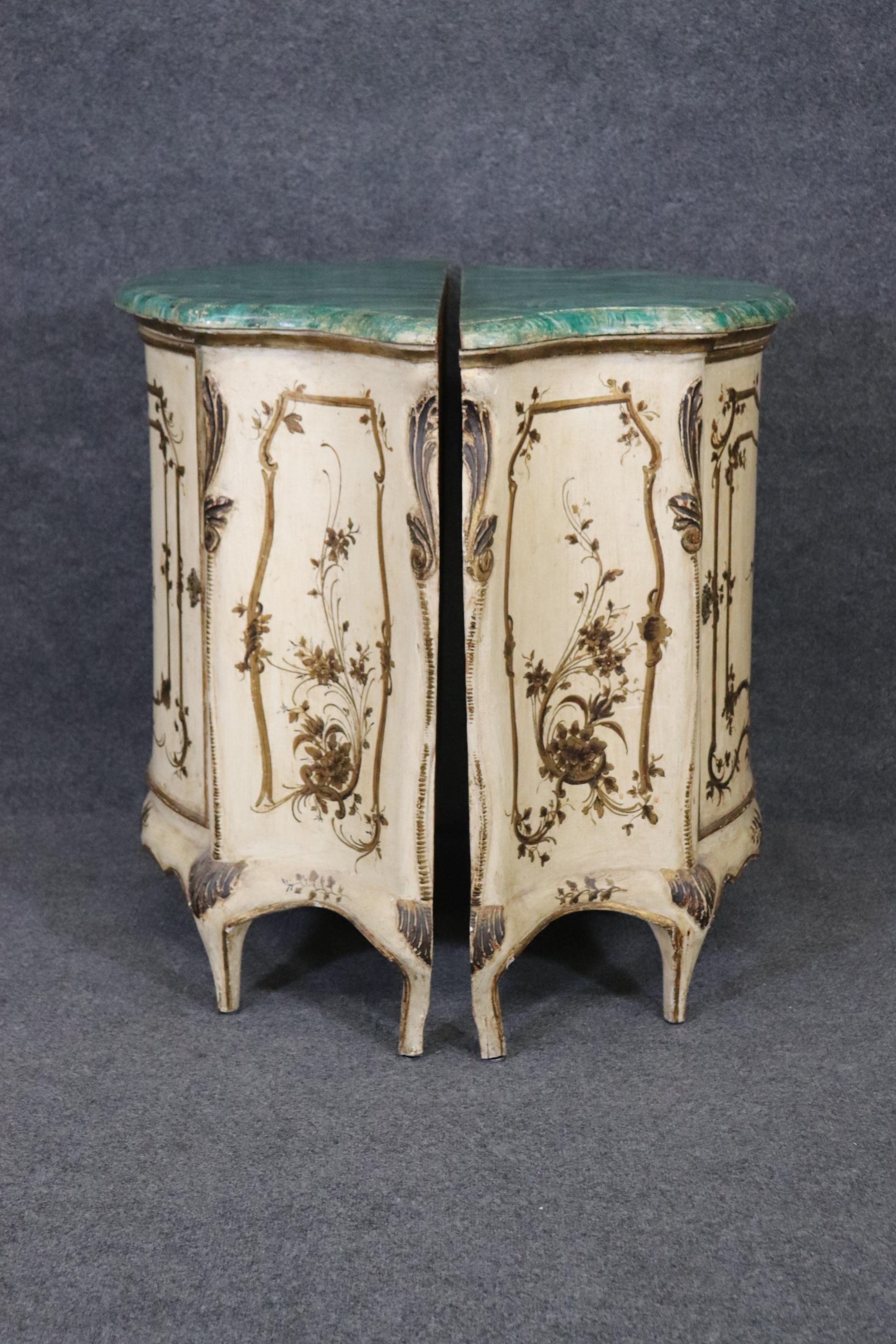 Early 20th Century Pair Faux Malachite Paint Decorated Venetian Nightstands Circa 1920