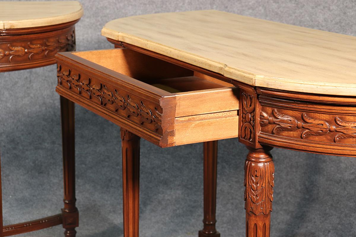 Pair of Faux Marble Carved French Walnut Louis XVI Demilune Console Tables In Good Condition In Swedesboro, NJ