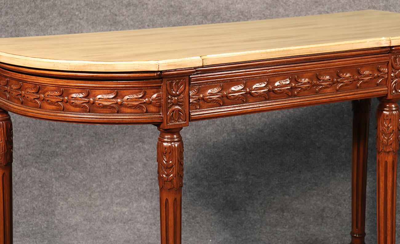 Mid-20th Century Pair of Faux Marble Carved French Walnut Louis XVI Demilune Console Tables