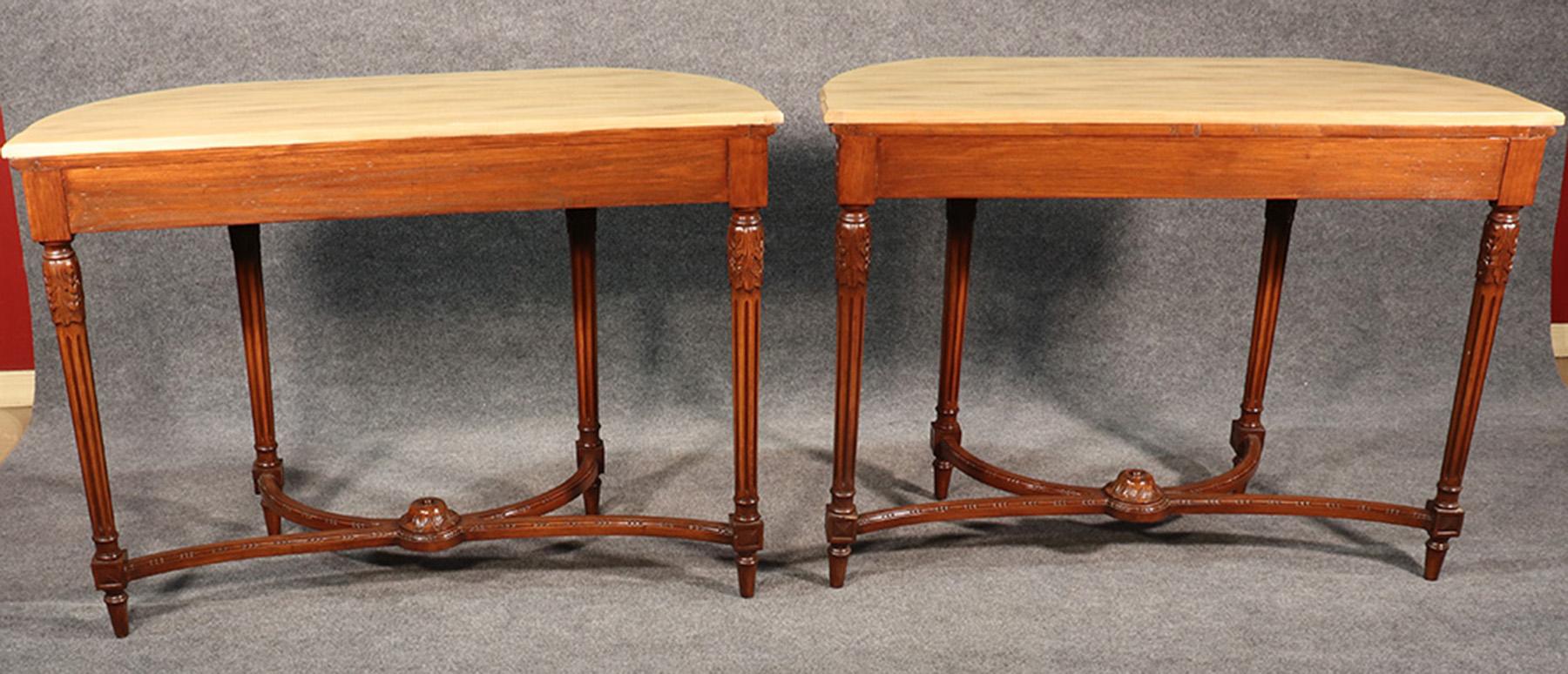 Pair of Faux Marble Carved French Walnut Louis XVI Demilune Console Tables 5