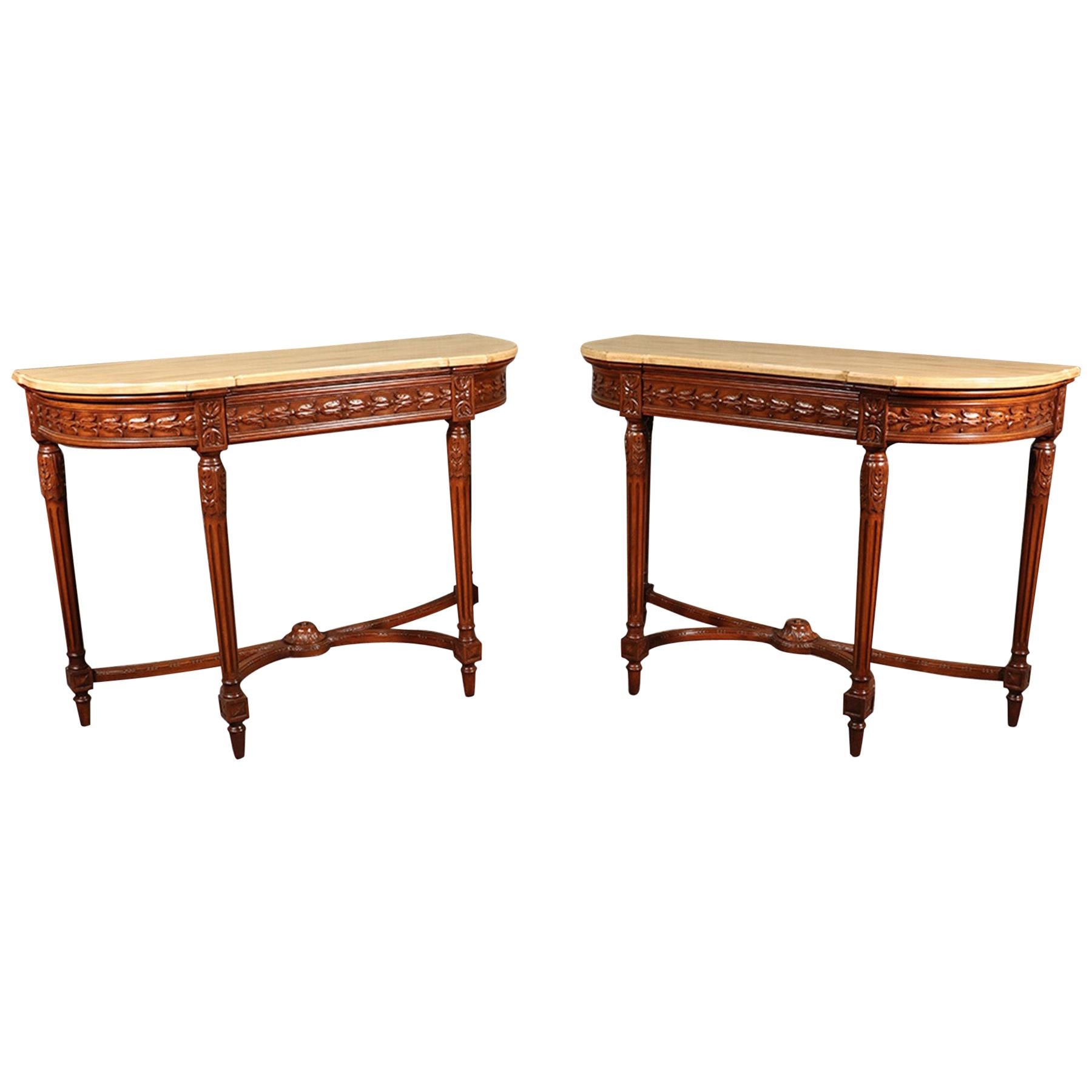 Pair of Faux Marble Carved French Walnut Louis XVI Demilune Console Tables