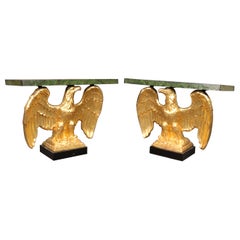 Pair Faux Marbre Marble Water Gilded Eagle Console Tables Circa 1950s
