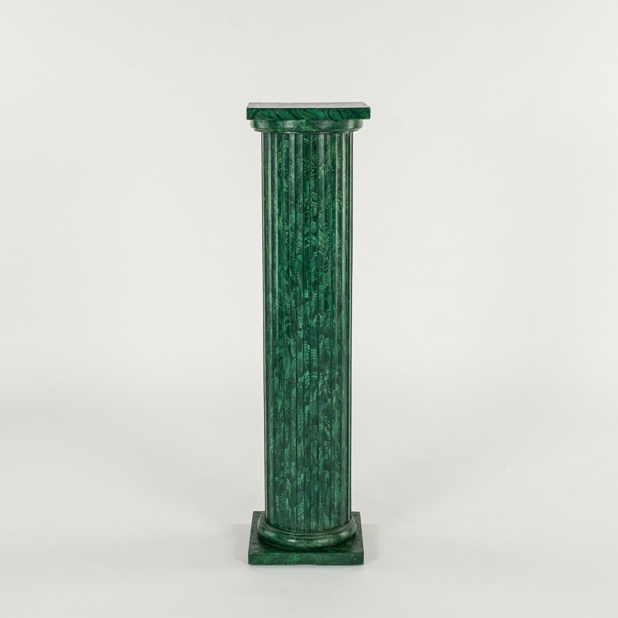 Hand-Painted Pair Faux Painted Malachite Roman Doric Column Pedestals For Sale