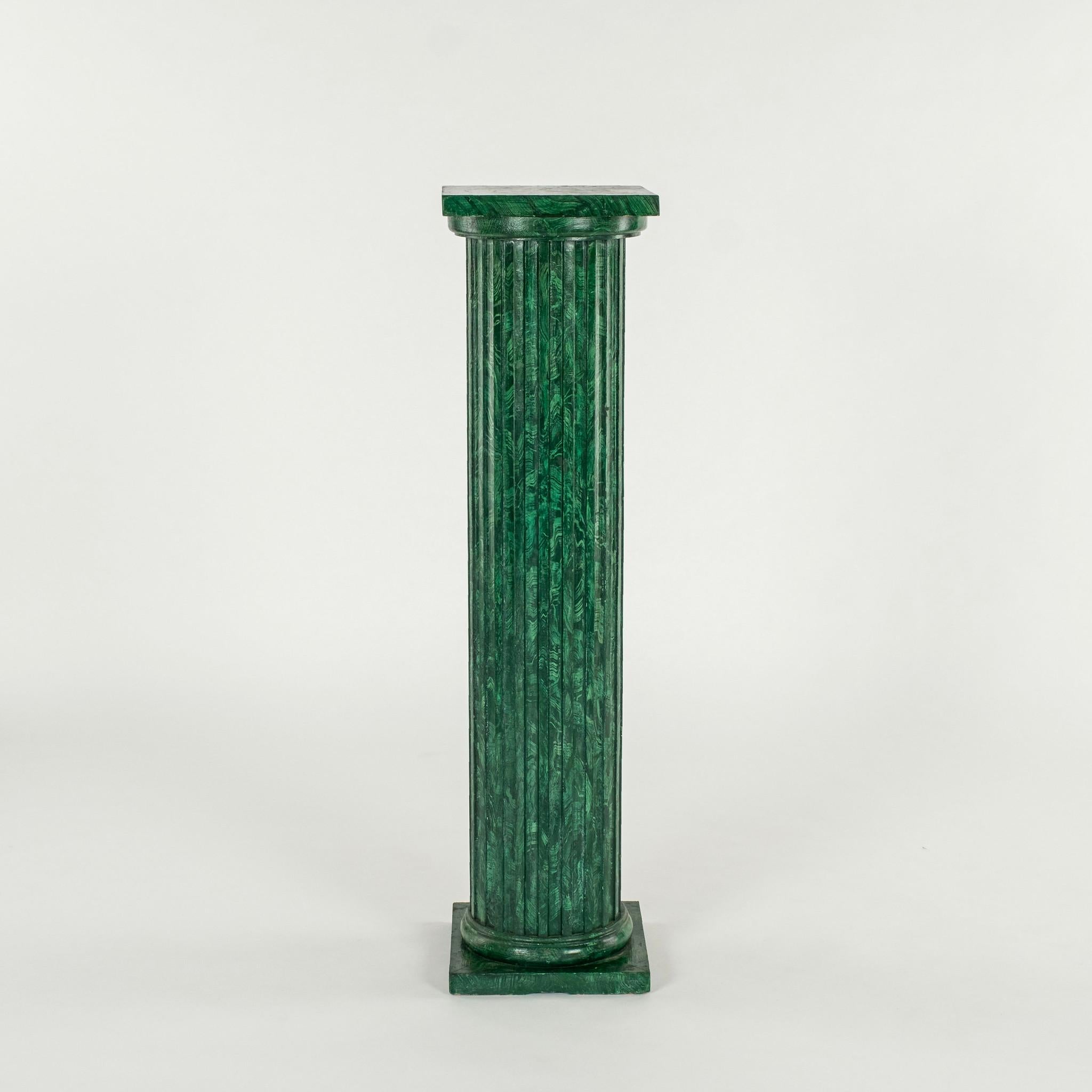 Pair Faux Painted Malachite Roman Doric Column Pedestals In Good Condition For Sale In Houston, TX