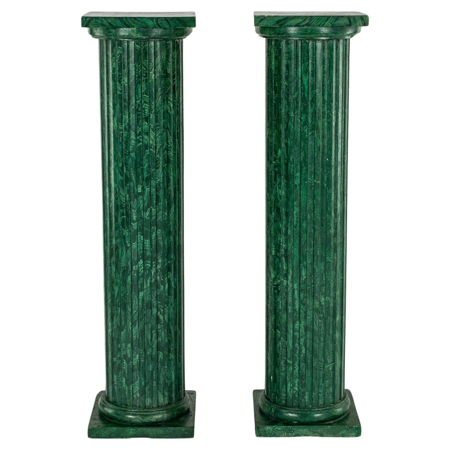 Pair Faux Painted Malachite Roman Doric Column Pedestals For Sale