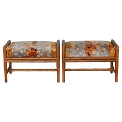 Pair Faux Rattan Bamboo Ottomans Bench in Jack Lenor Larson Velvet