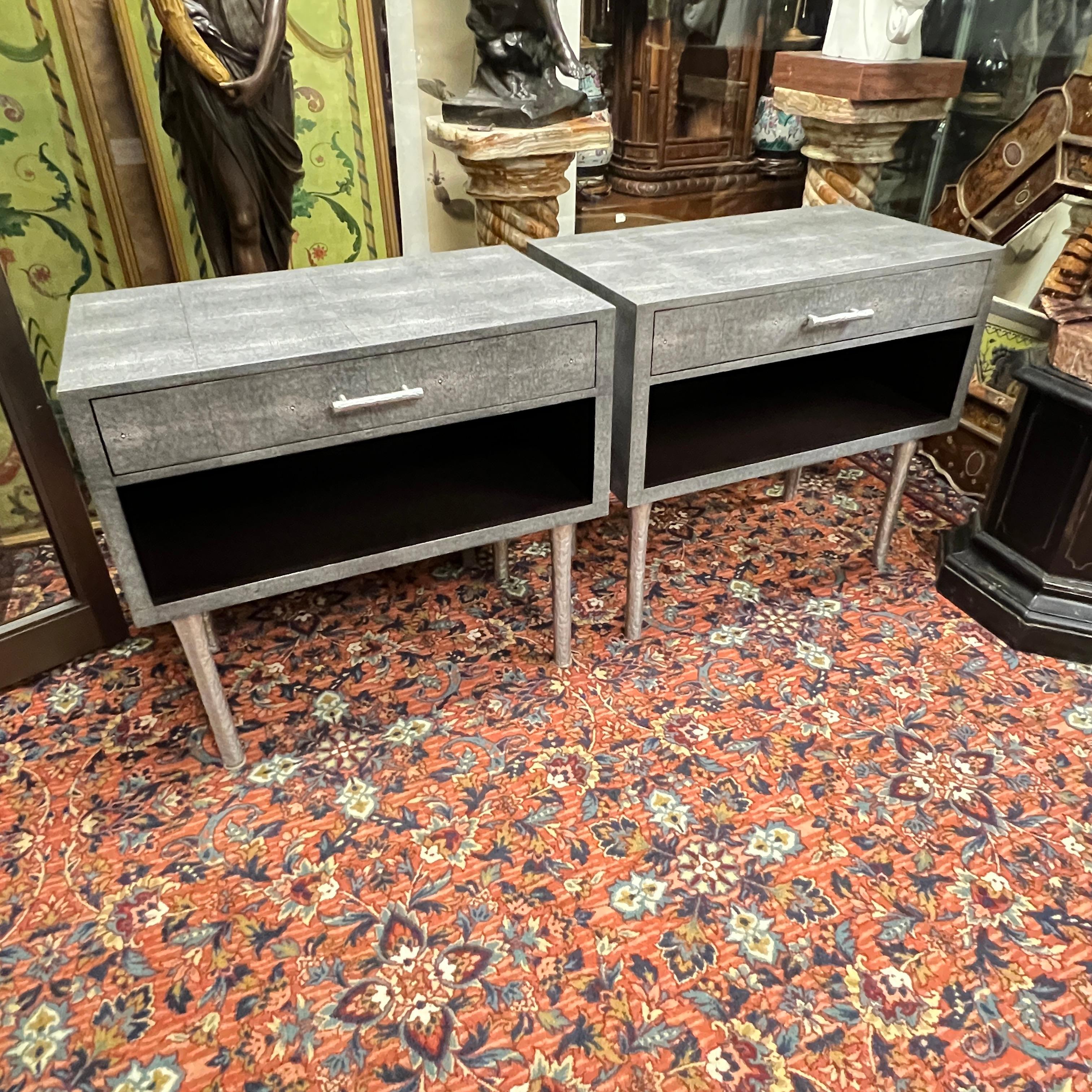 Pair of vintage nightstands with faux shagreen veneers, each 28 in tall, 30 in wide and 18 in deep and in excellent condition.