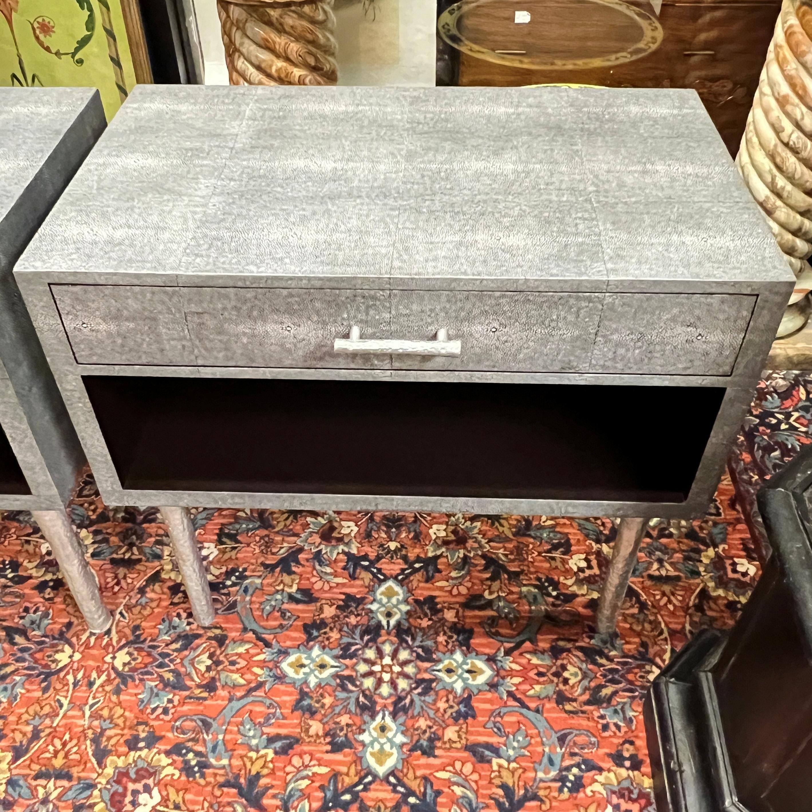 Contemporary Pair Faux Shagreen Veneered Nightstands Tables For Sale
