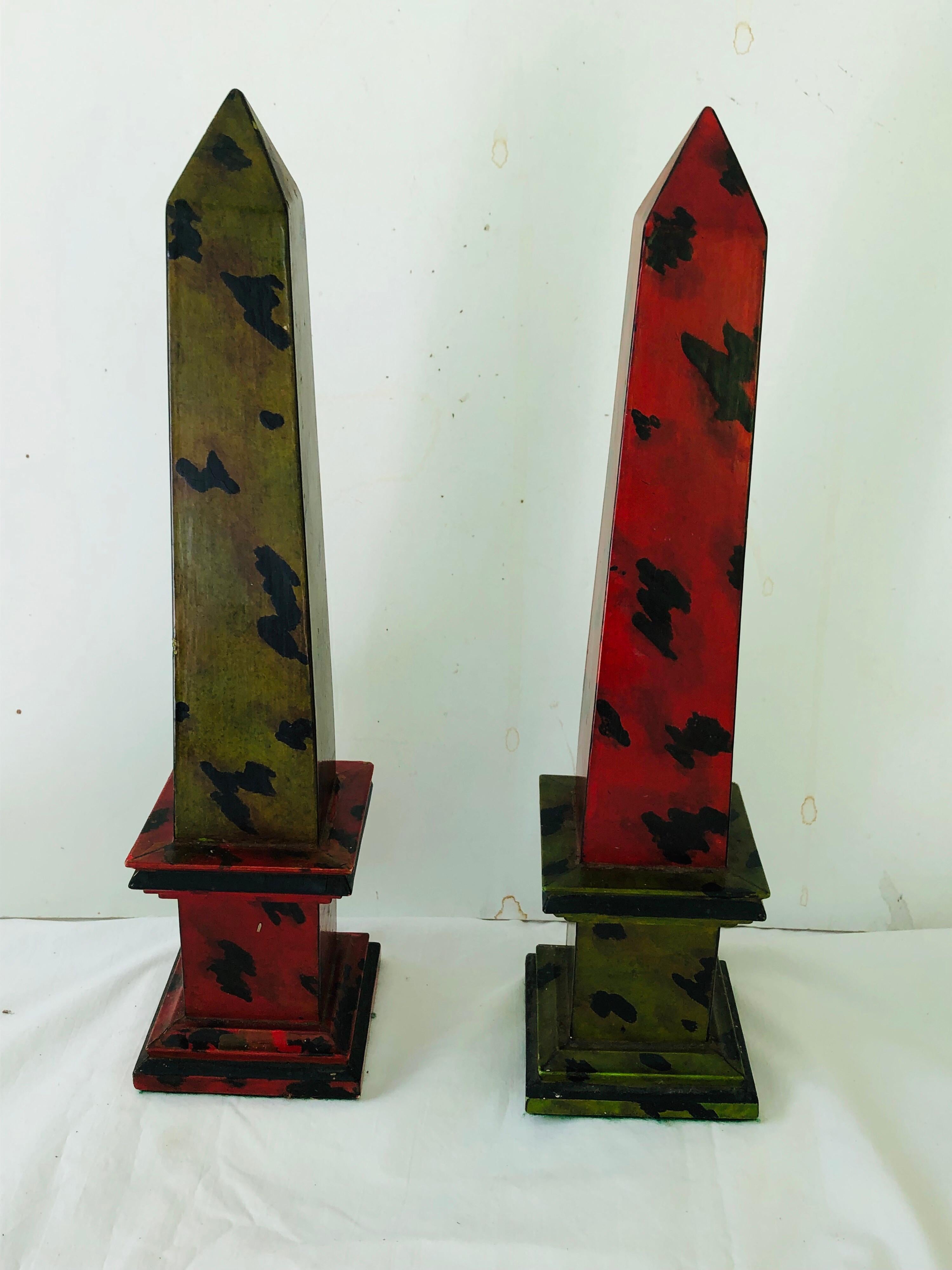 Neoclassical Pair of Faux Tortoiseshell Painted Wooden Obelisks