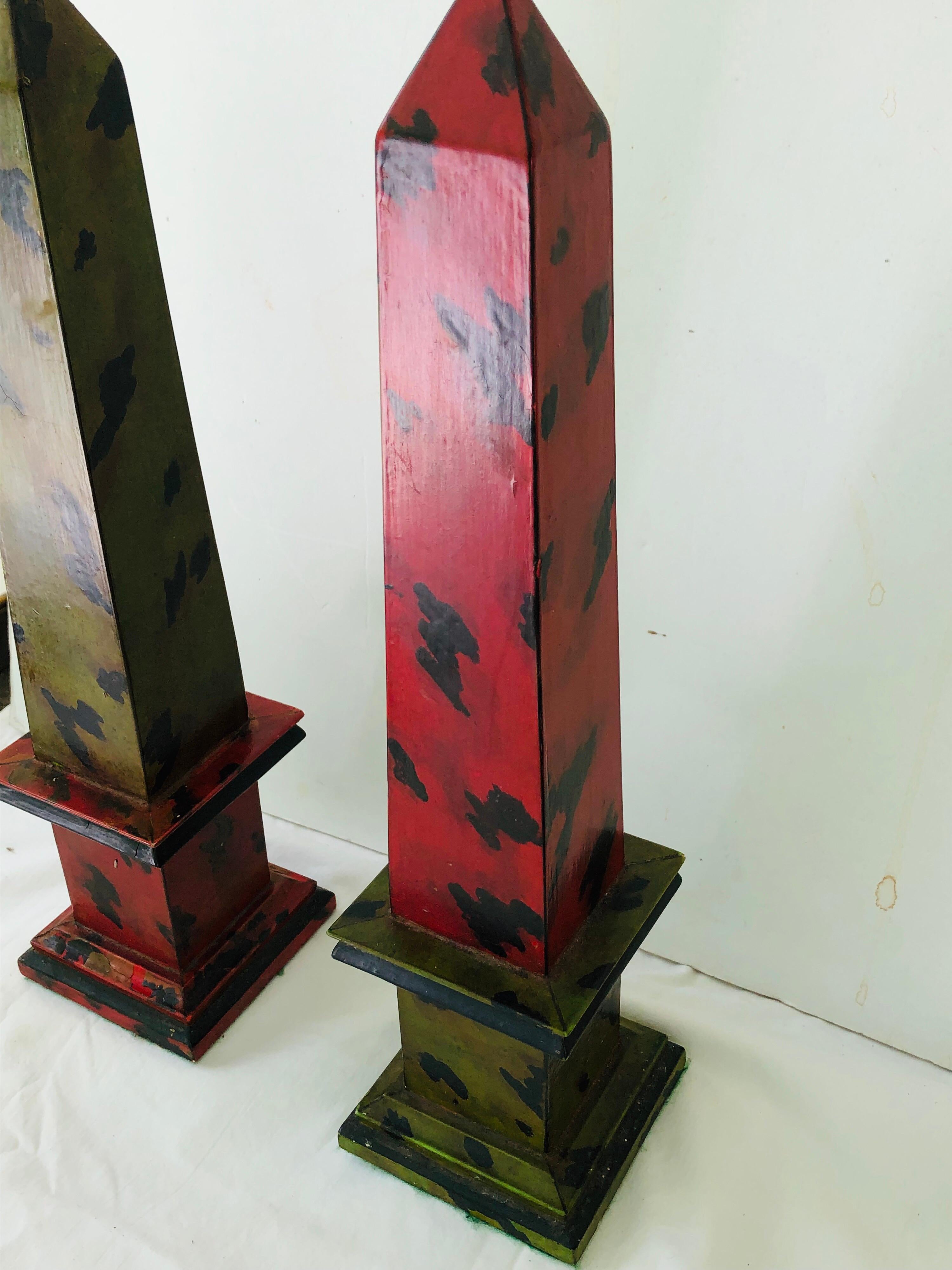 Hand-Painted Pair of Faux Tortoiseshell Painted Wooden Obelisks