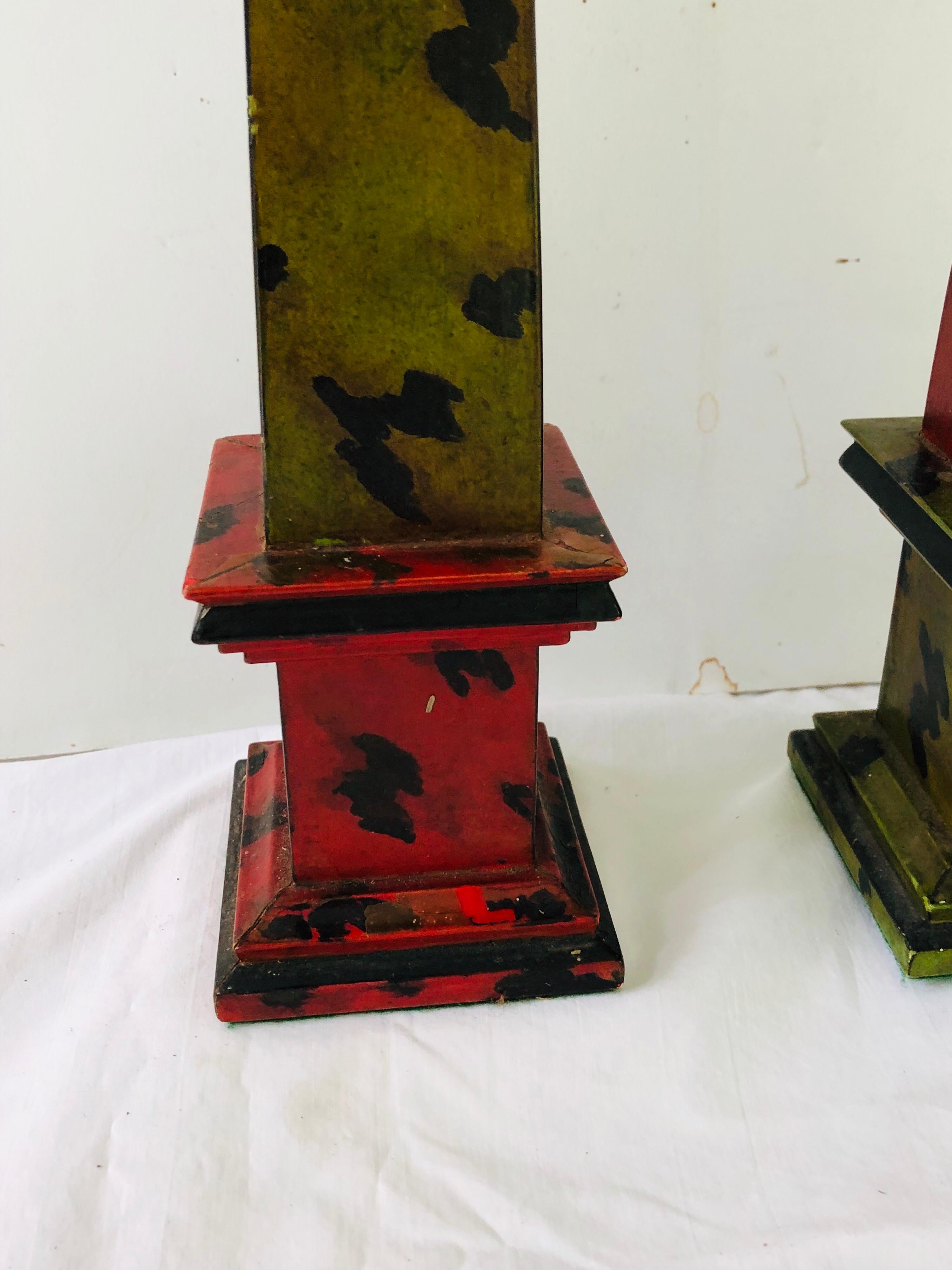 Late 20th Century Pair of Faux Tortoiseshell Painted Wooden Obelisks