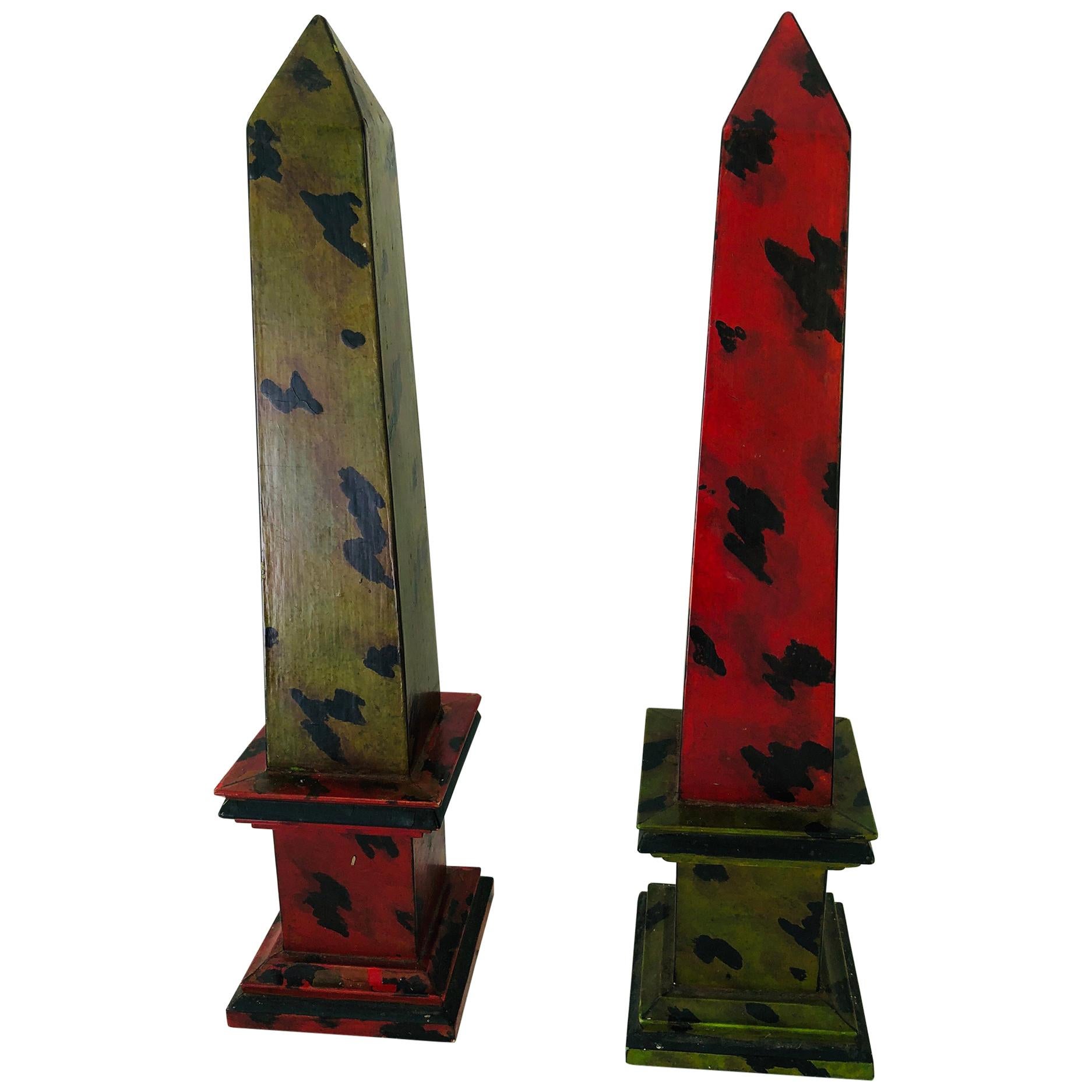 Pair of Faux Tortoiseshell Painted Wooden Obelisks