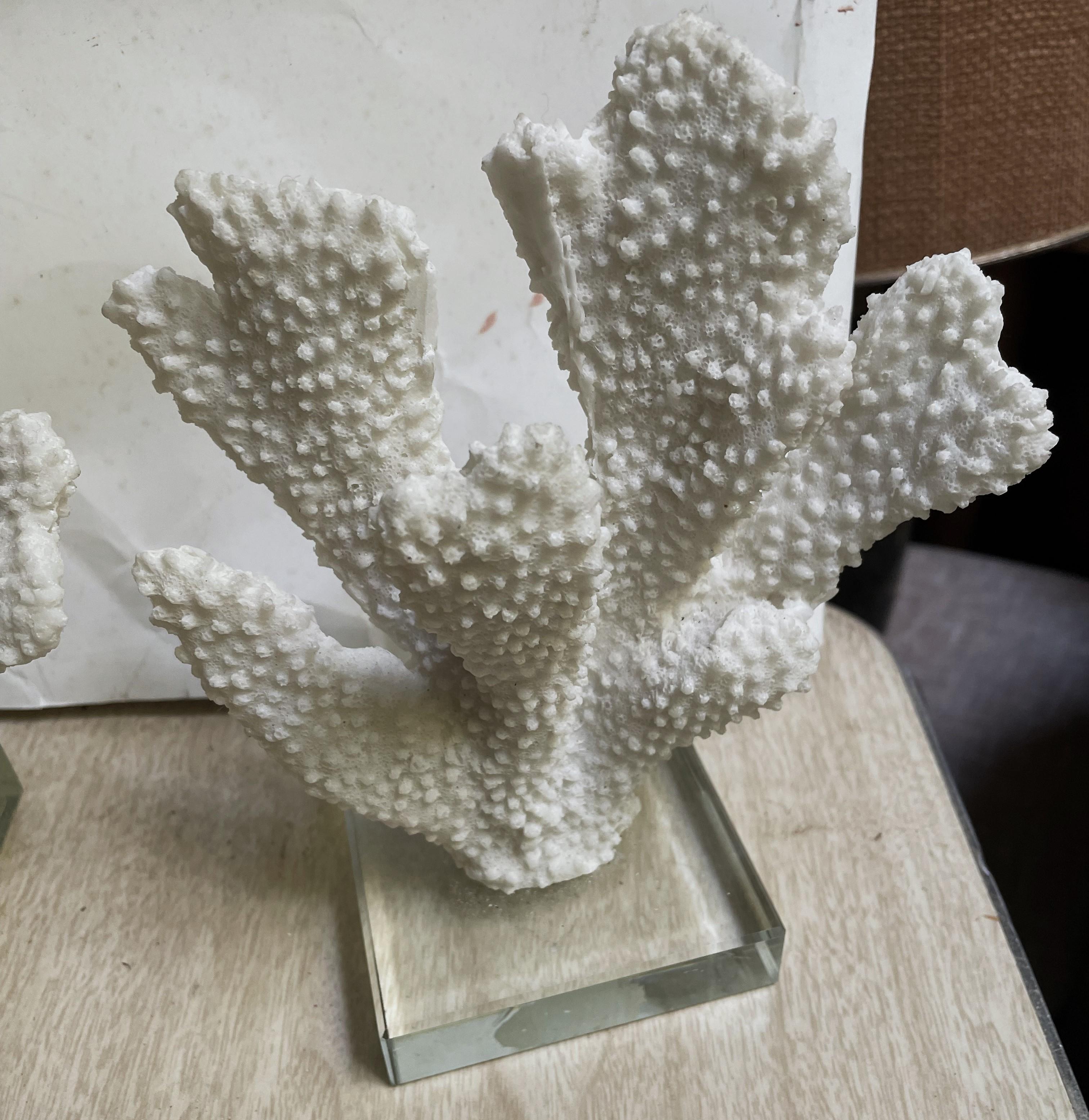 20ième siècle Paire d'objets décoratifs en faux corail blanc à doigt épais monté sur verre en vente