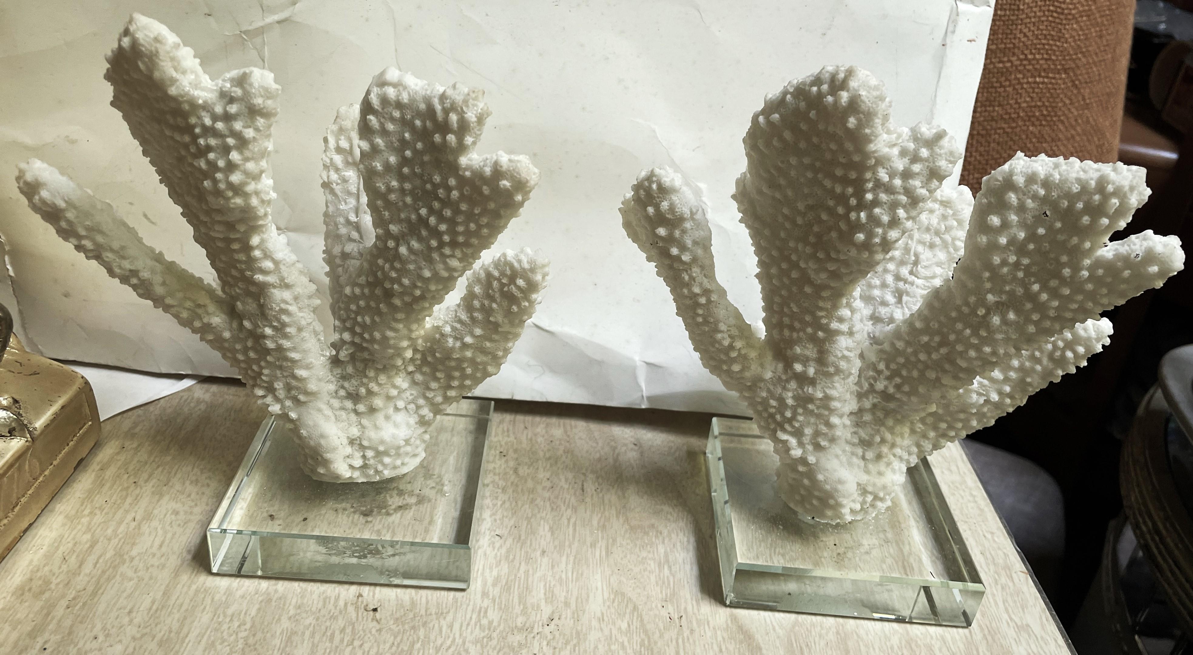 Composition Paire d'objets décoratifs en faux corail blanc à doigt épais monté sur verre en vente