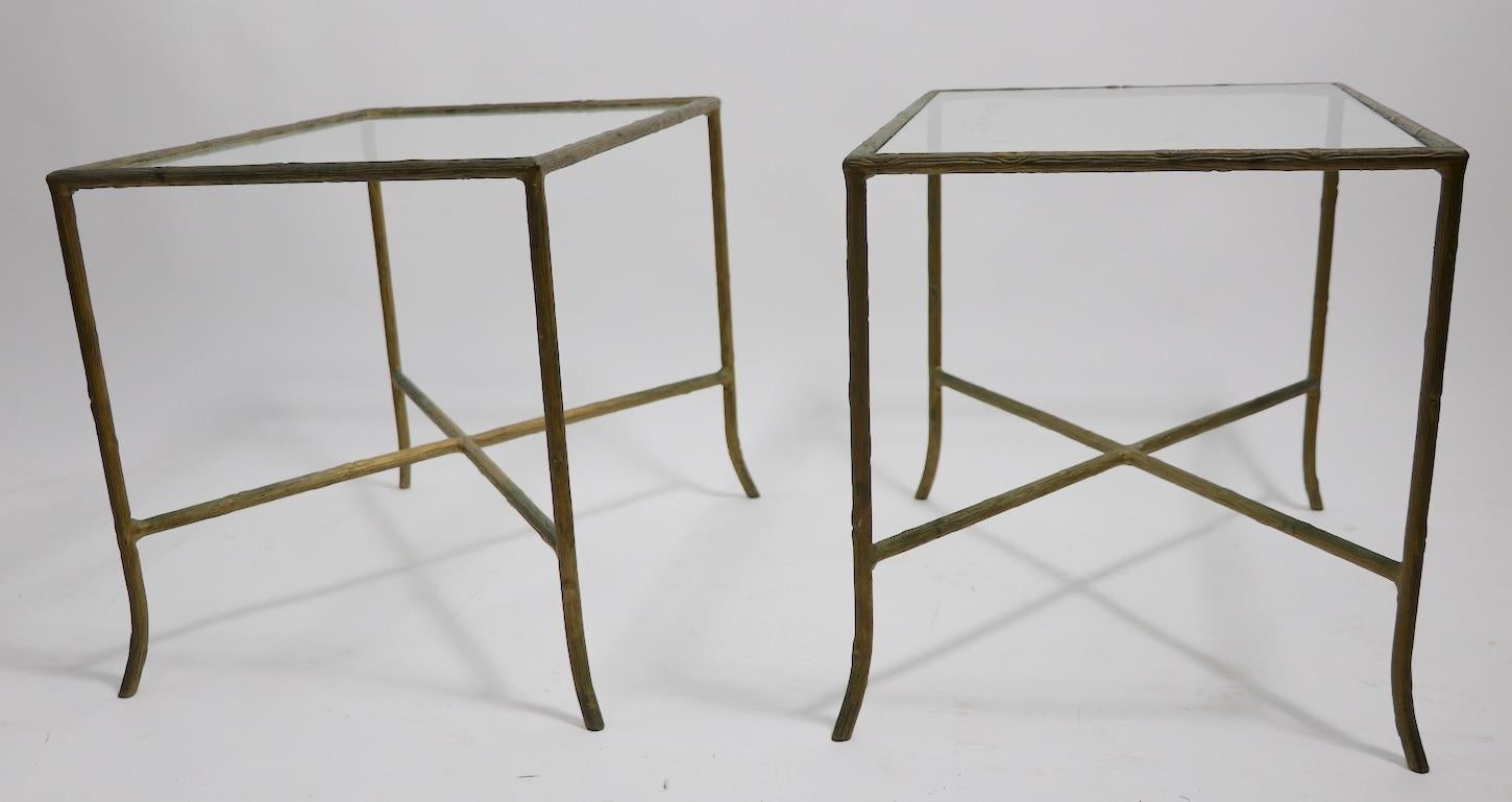 Hollywood Regency Pair of Faux Wood Cast Metal and Glass Tables For Sale