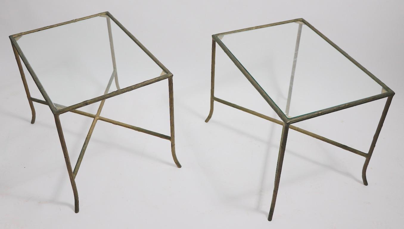 French Pair of Faux Wood Cast Metal and Glass Tables For Sale