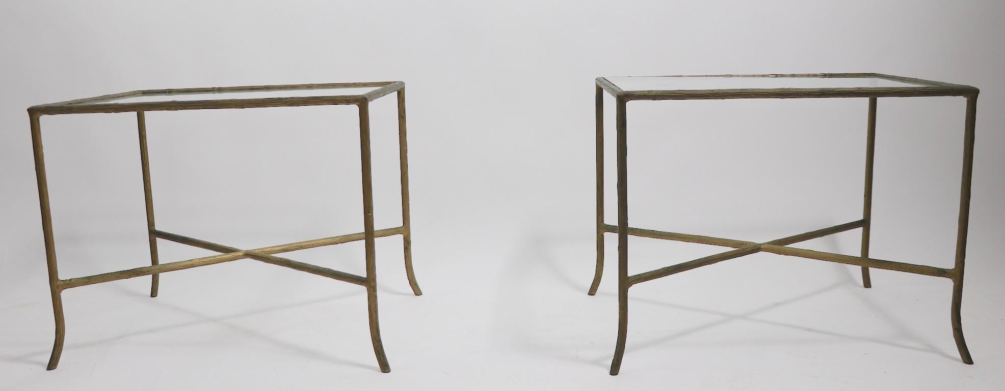 Pair of Faux Wood Cast Metal and Glass Tables For Sale 3