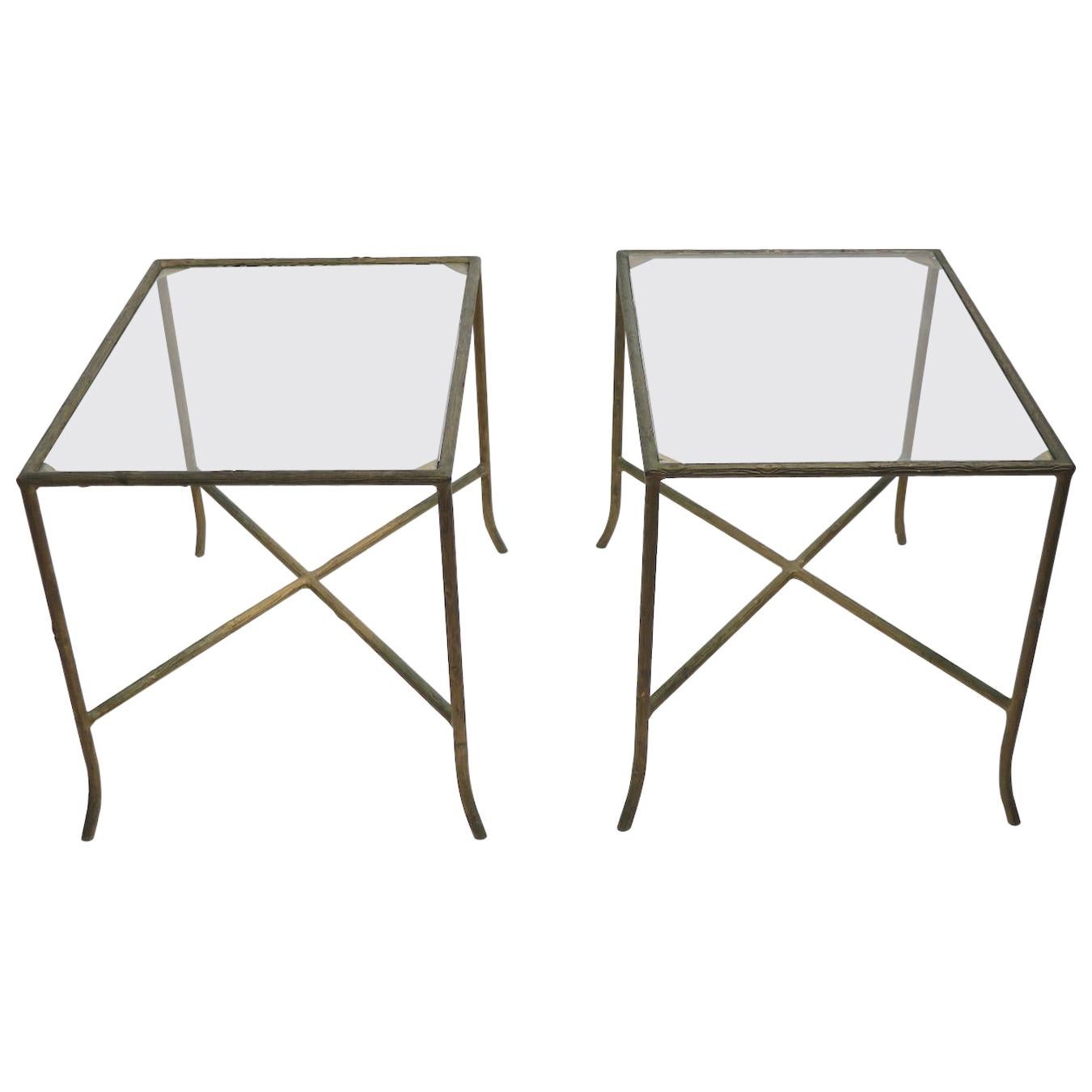 Pair of Faux Wood Cast Metal and Glass Tables For Sale