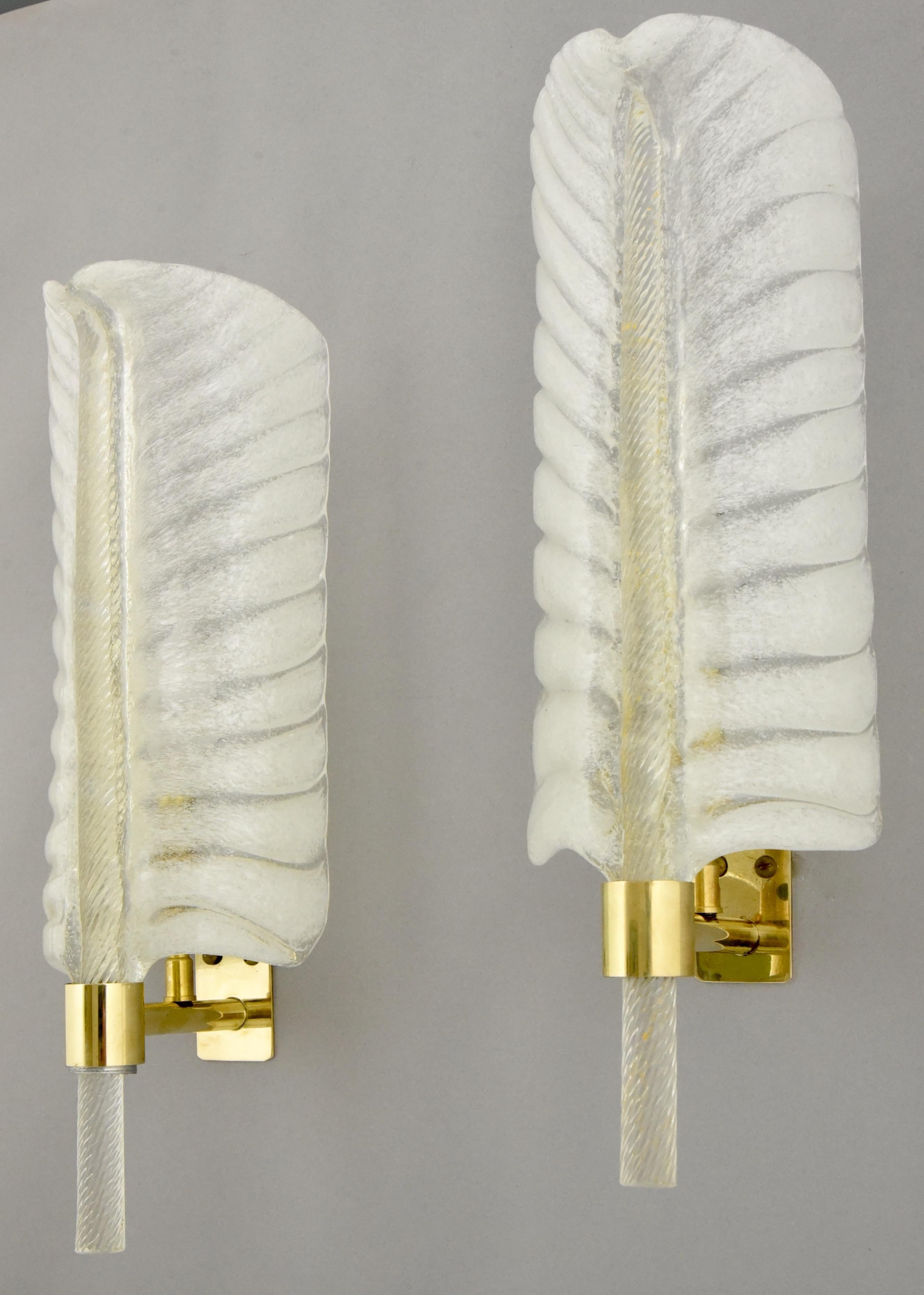 Mid-Century Modern Feather Shaped Glass and Brass Sconces André Arbus for Veronese Midcentury, Pair