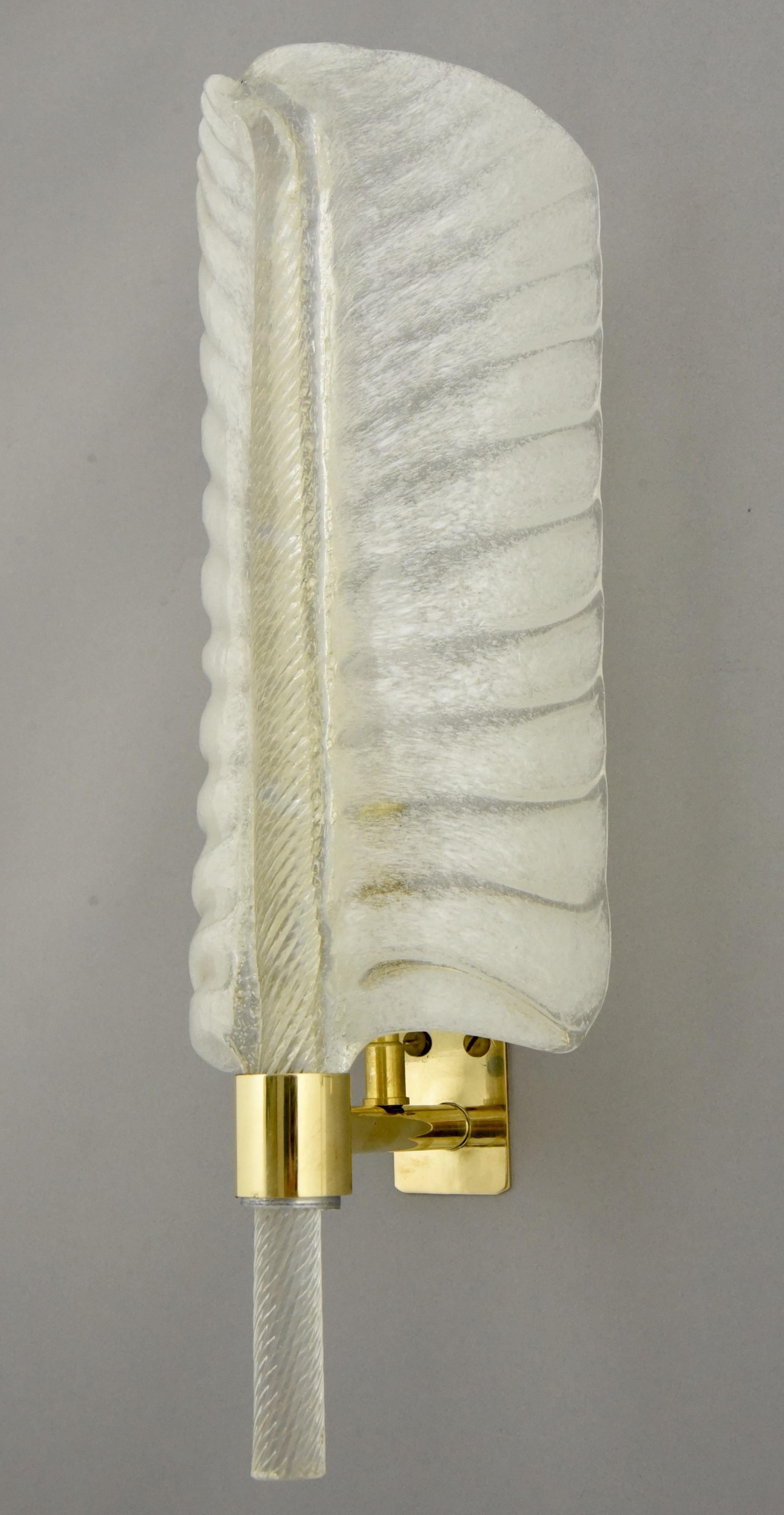 20th Century Feather Shaped Glass and Brass Sconces André Arbus for Veronese Midcentury, Pair