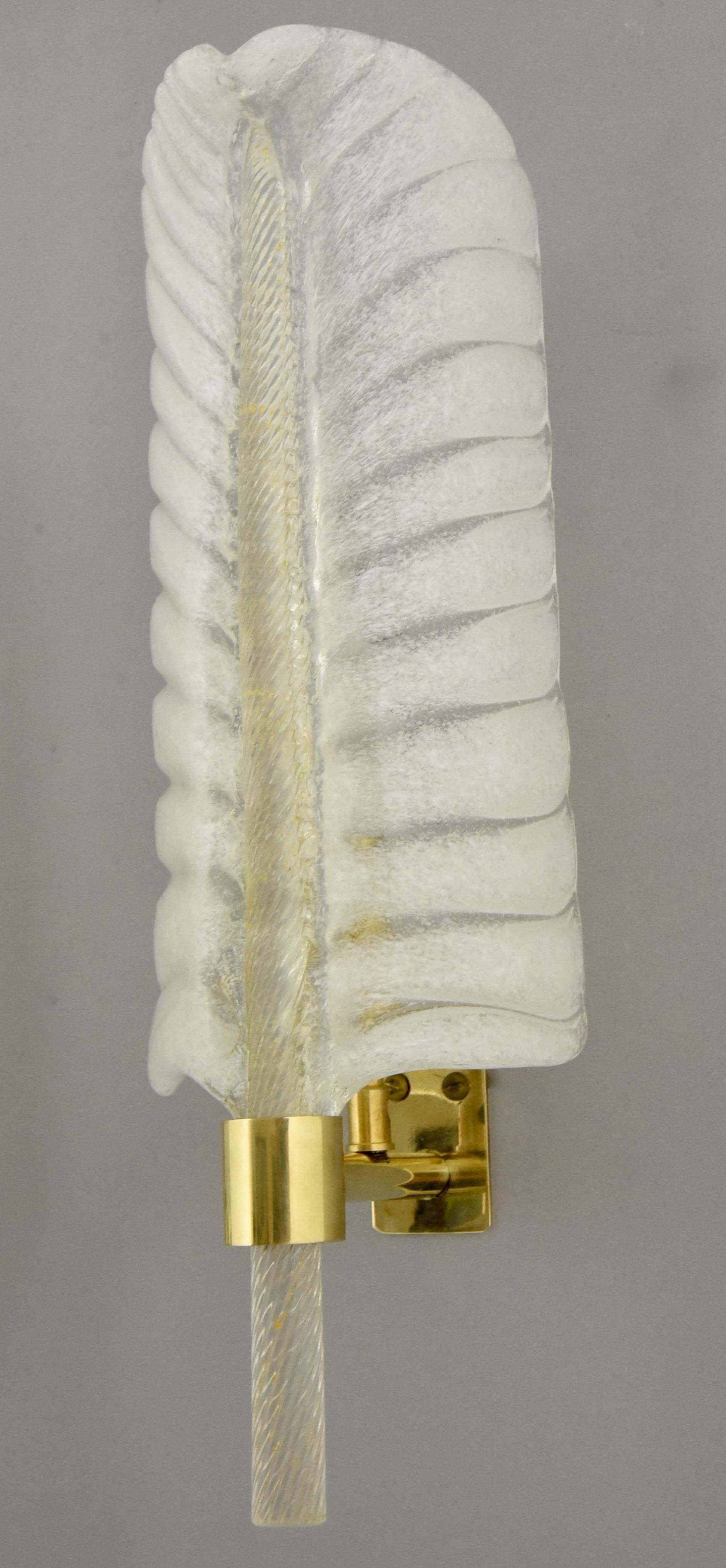 Feather Shaped Glass and Brass Sconces André Arbus for Veronese Midcentury, Pair 1