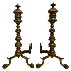 Pair Federal Beehive Ball Claw Brass Andirons